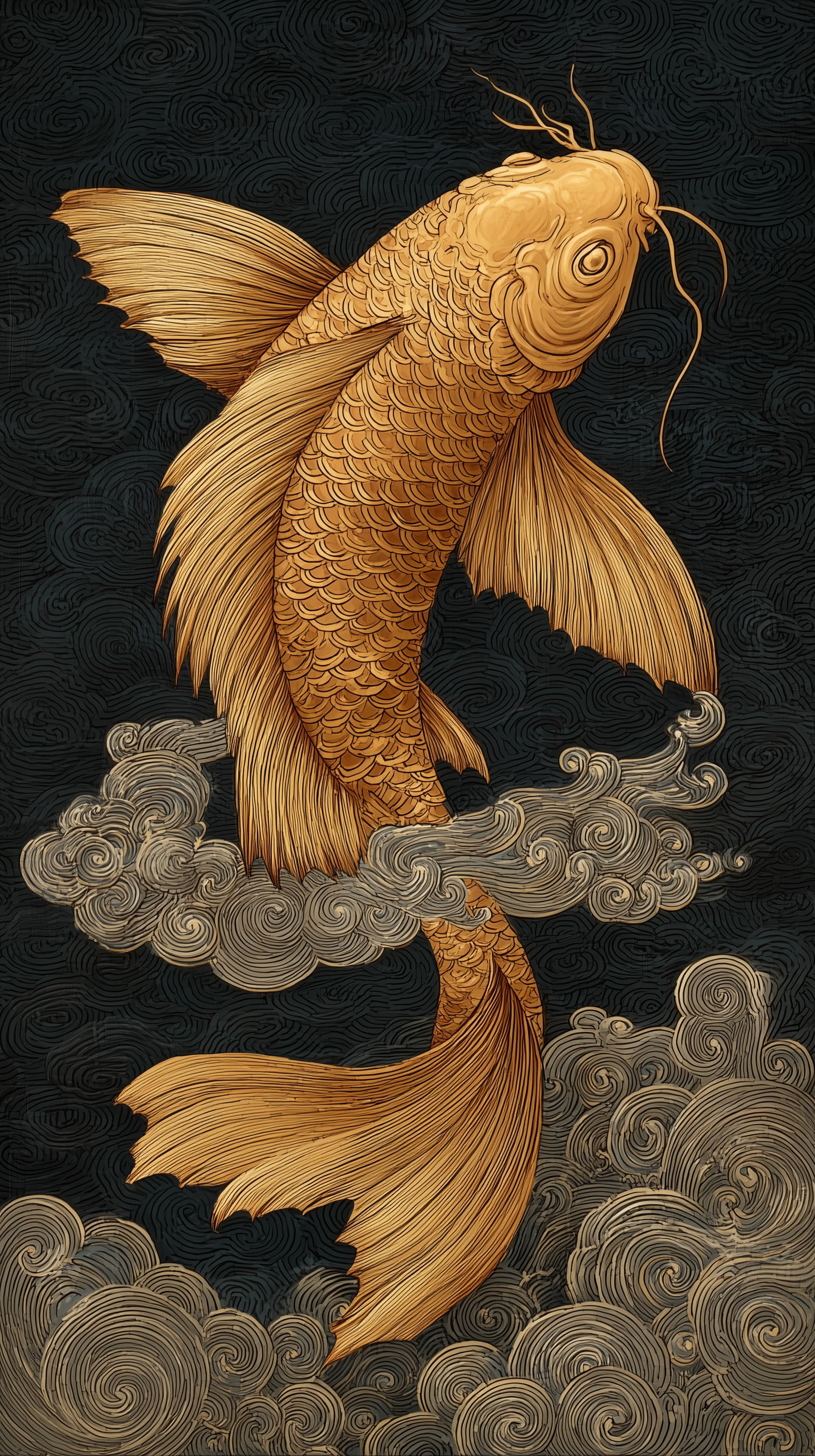 Golden Koi Fish Illustration on Dark Swirl Background - High Resolution aquatic-art Wallpaper for Mobile and Desktop