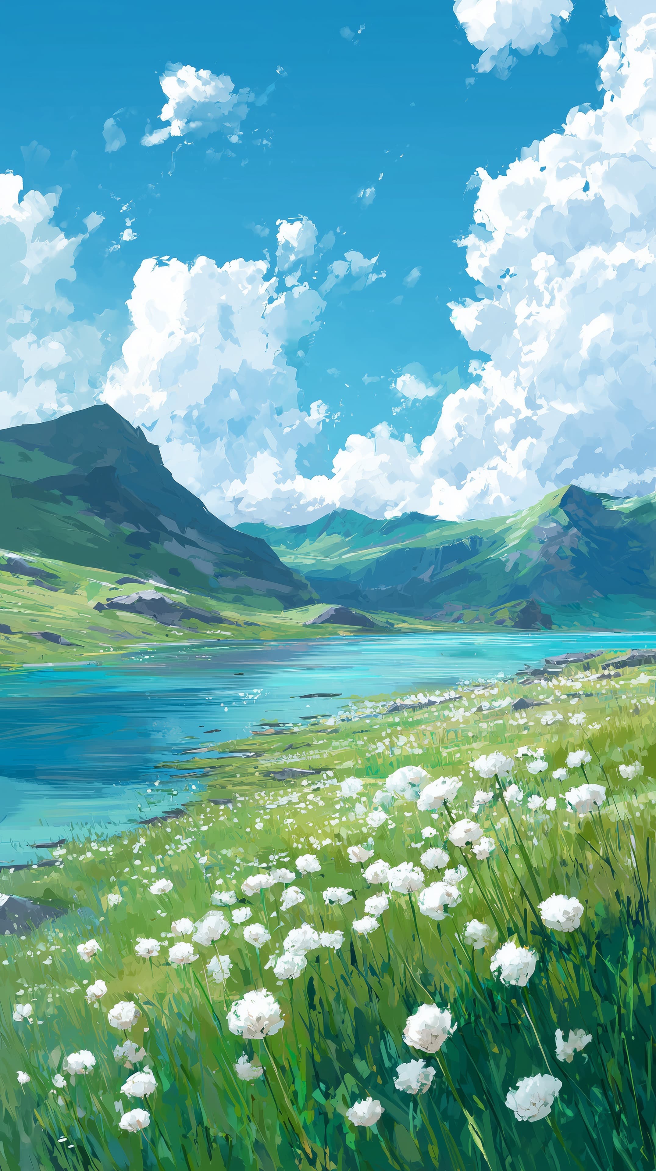 Vivid Alpine Lake Landscape Blue Sky Meadow Wallpaper - High Resolution blue-sky Wallpaper for Mobile and Desktop