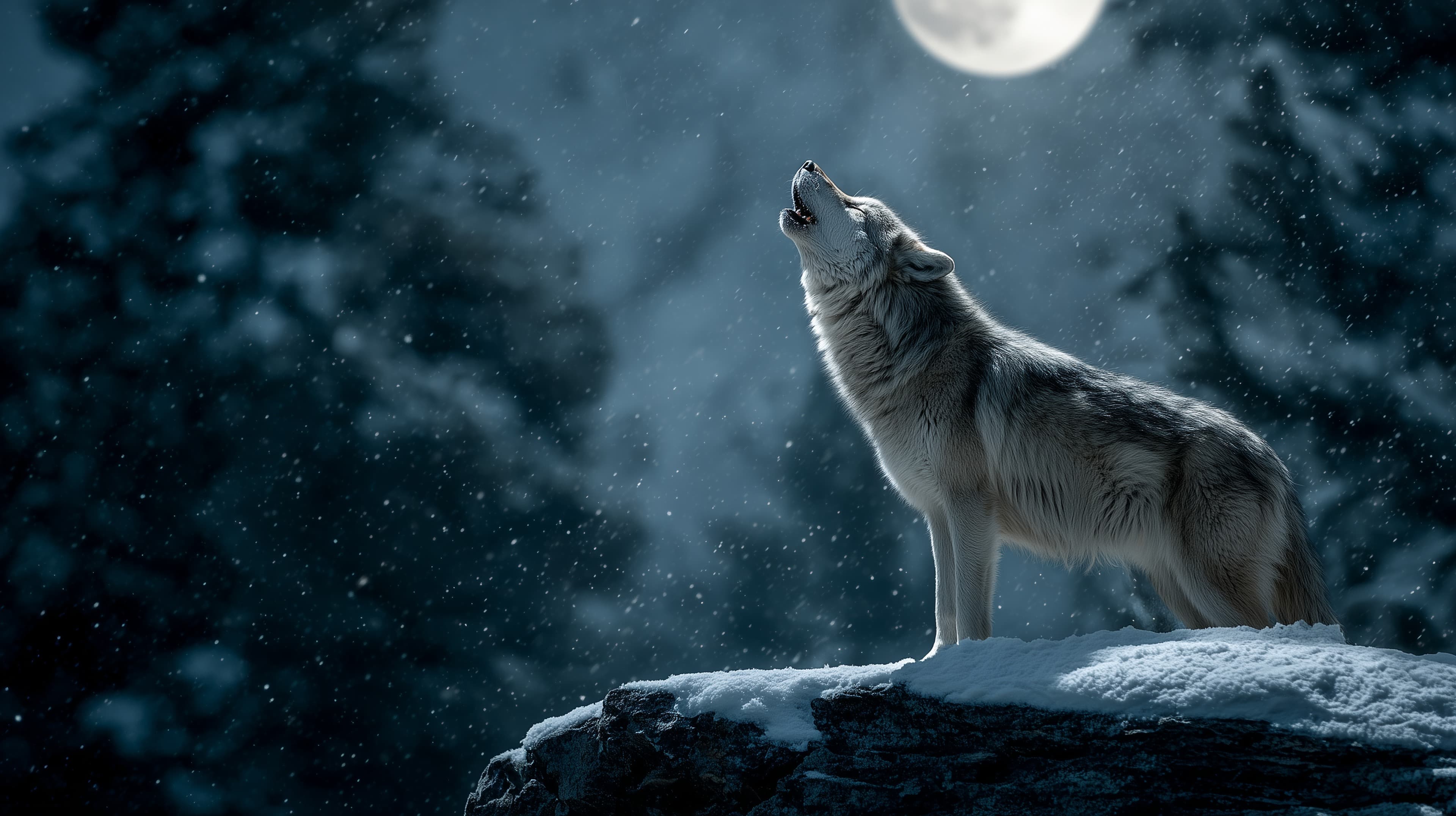 Lone Wolf Howling Under a Moonlit Winter Night in Snow - High Resolution lone-wolf Wallpaper for Mobile and Desktop