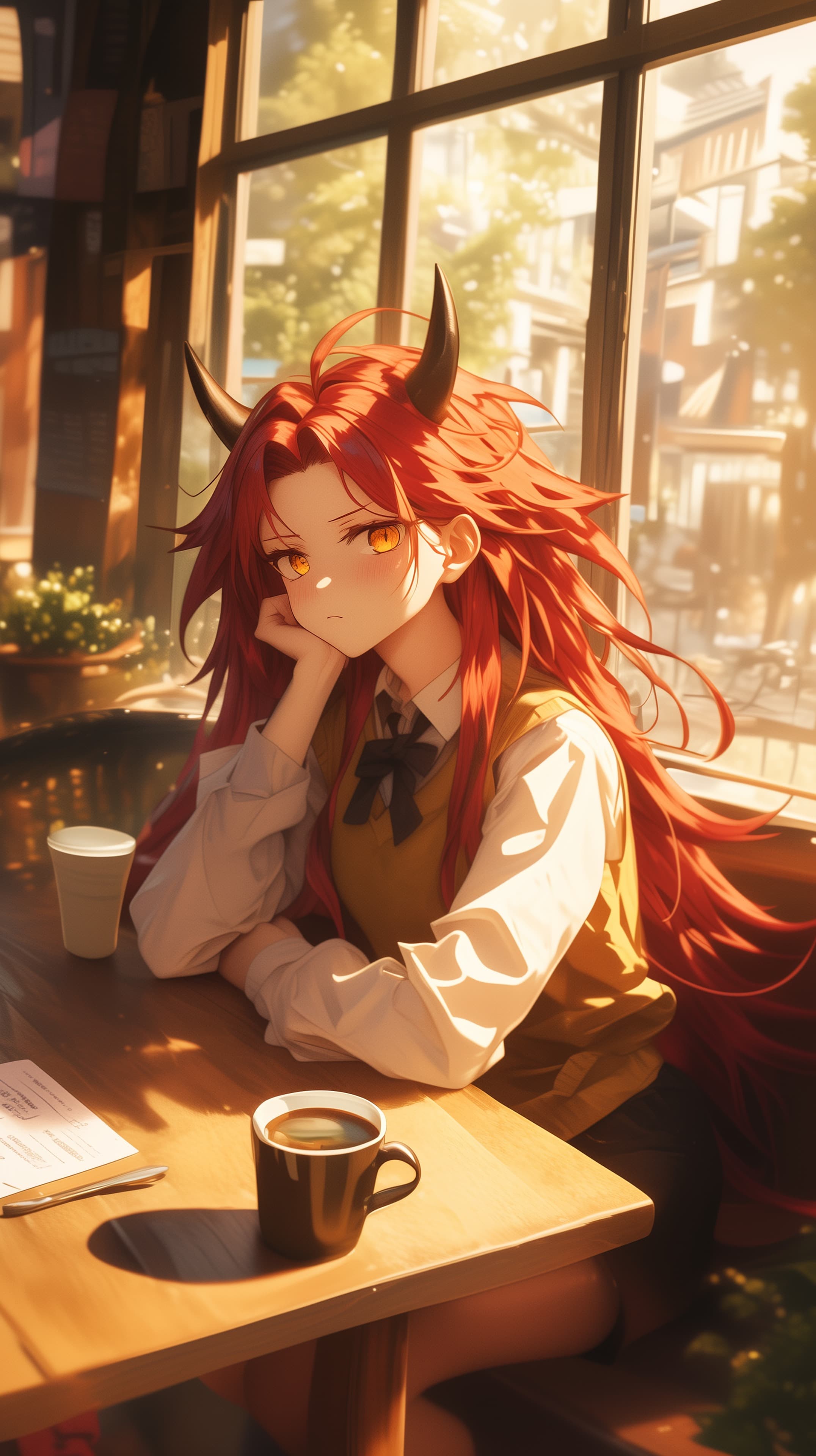 Sunlit Cafe Portrait: Anime-Style Horned Girl in Golden Hour - High Resolution anime Wallpaper for Mobile and Desktop