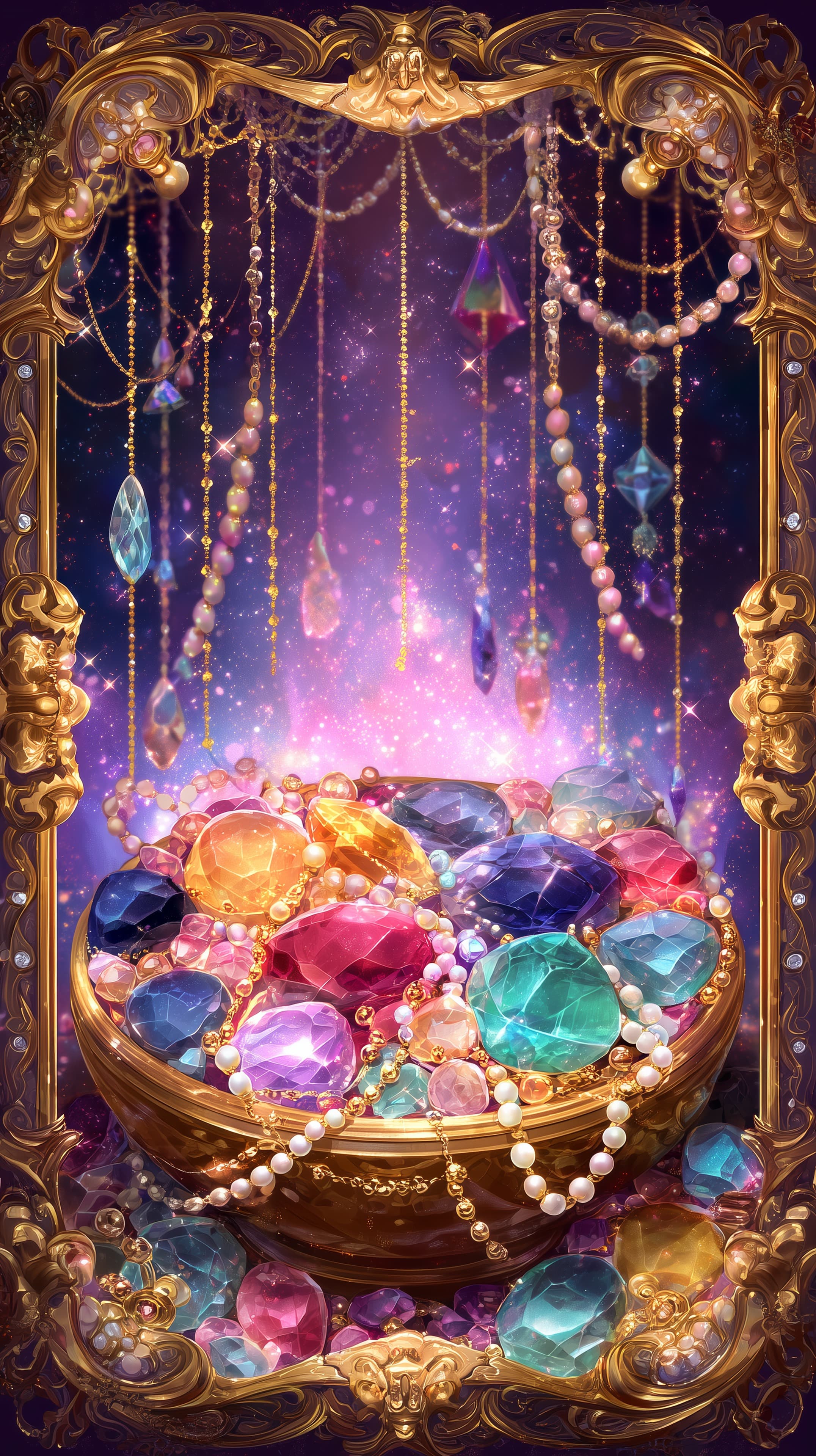 Luxurious Gem Treasure in an Ornate Frame - Fantasy Wallpaper - High Resolution decorative-art Wallpaper for Mobile and Desktop