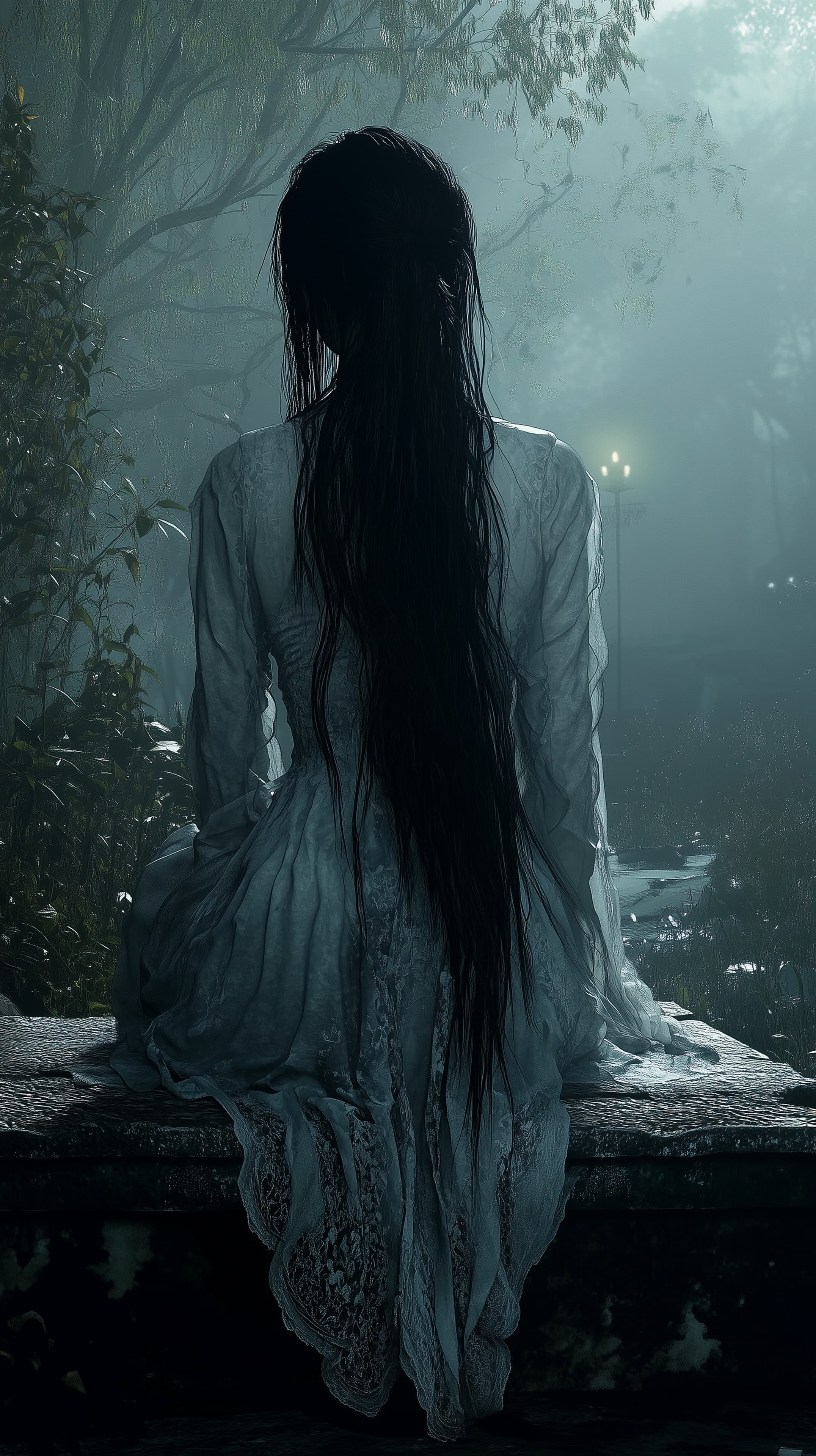 Moonlit Mist: Long-Haired Figure in Ethereal Garden - High Resolution silhouette Wallpaper for Mobile and Desktop