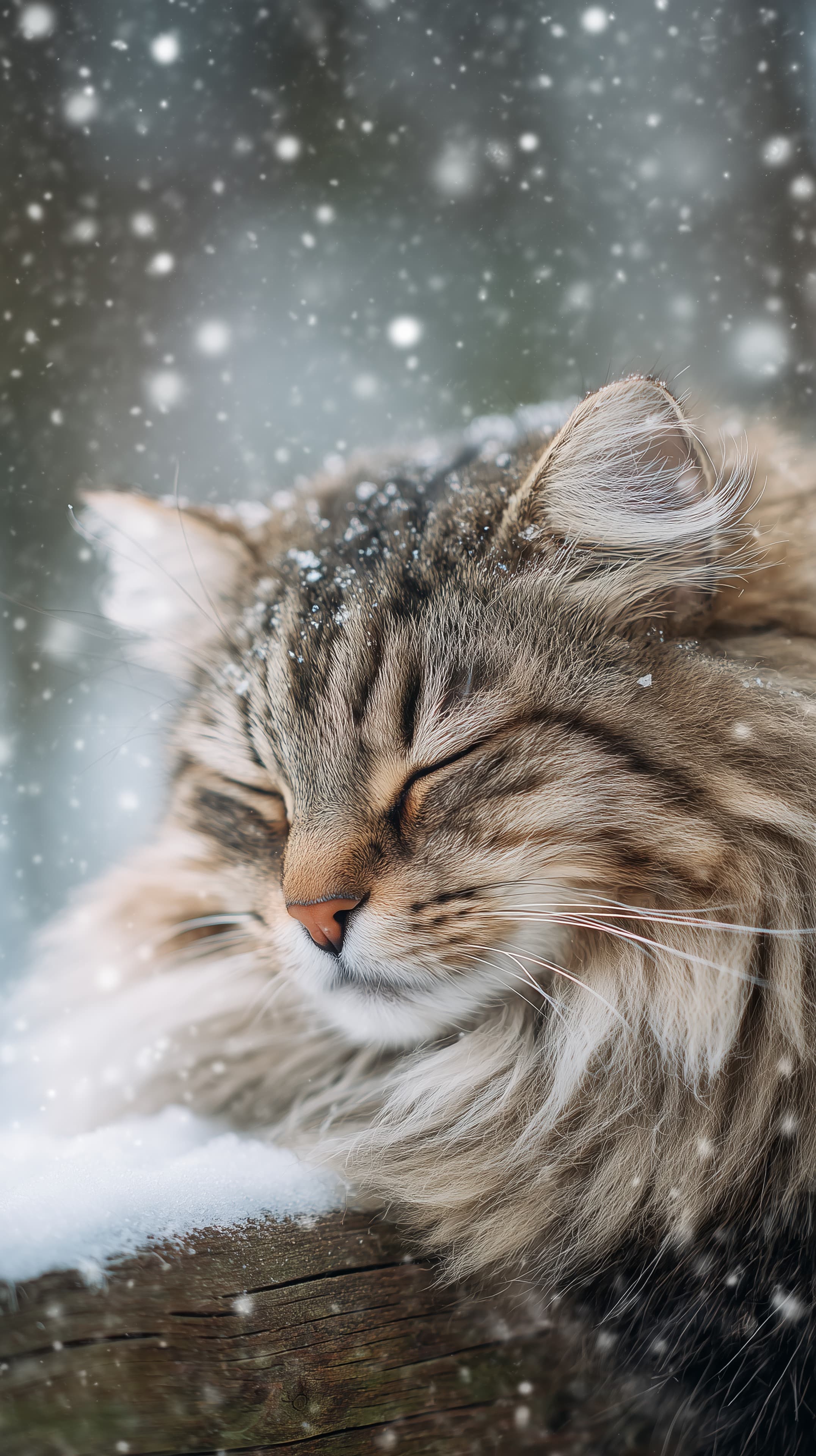 Tranquil Snowfall Portrait of a Cozy Sleeping Cat in Winter Light - High Resolution cat Wallpaper for Mobile and Desktop