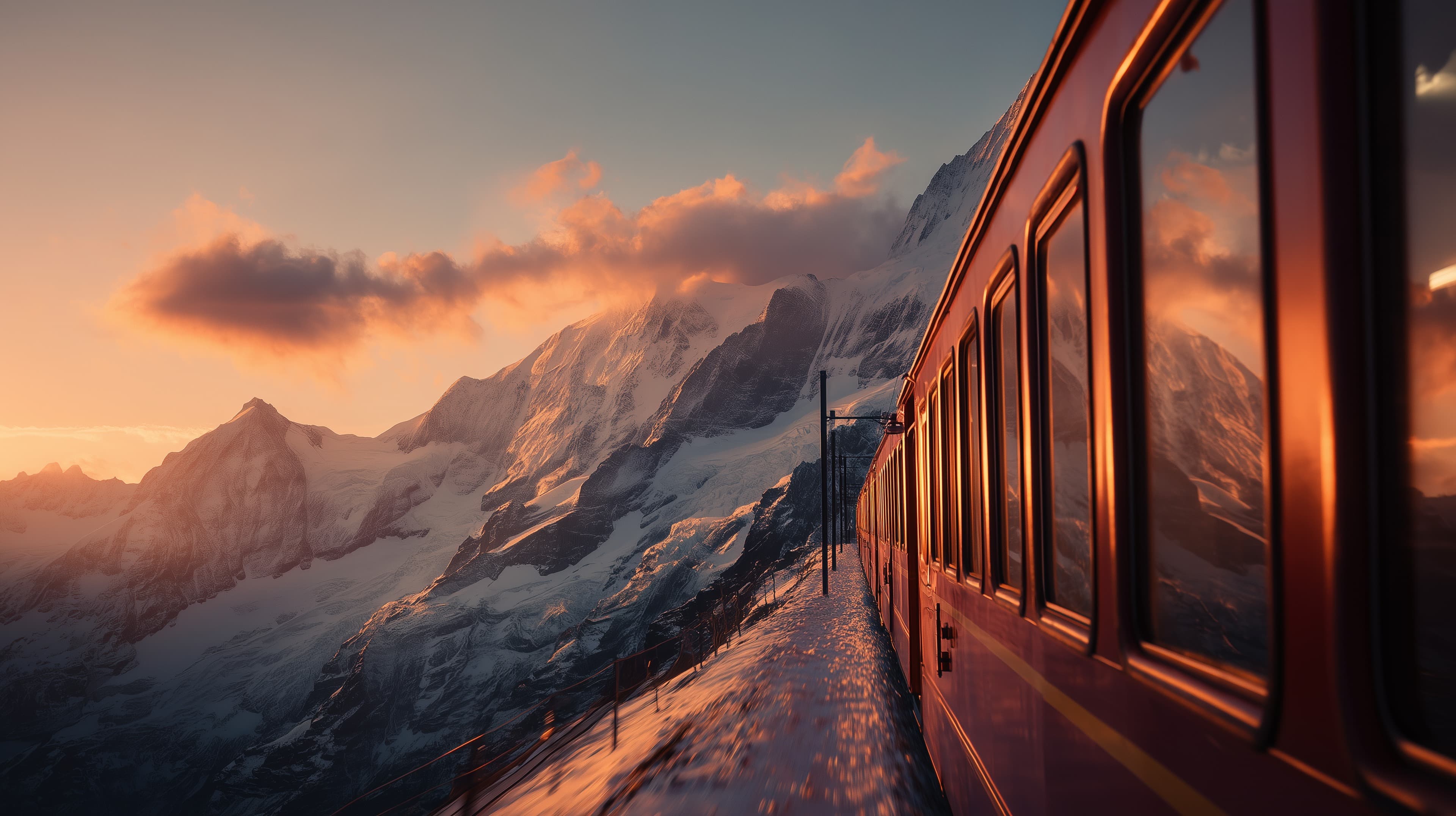 Sunset Mountain Train Ride Across Snowy Ridge Alpine Panorama - High Resolution alpine Wallpaper for Mobile and Desktop