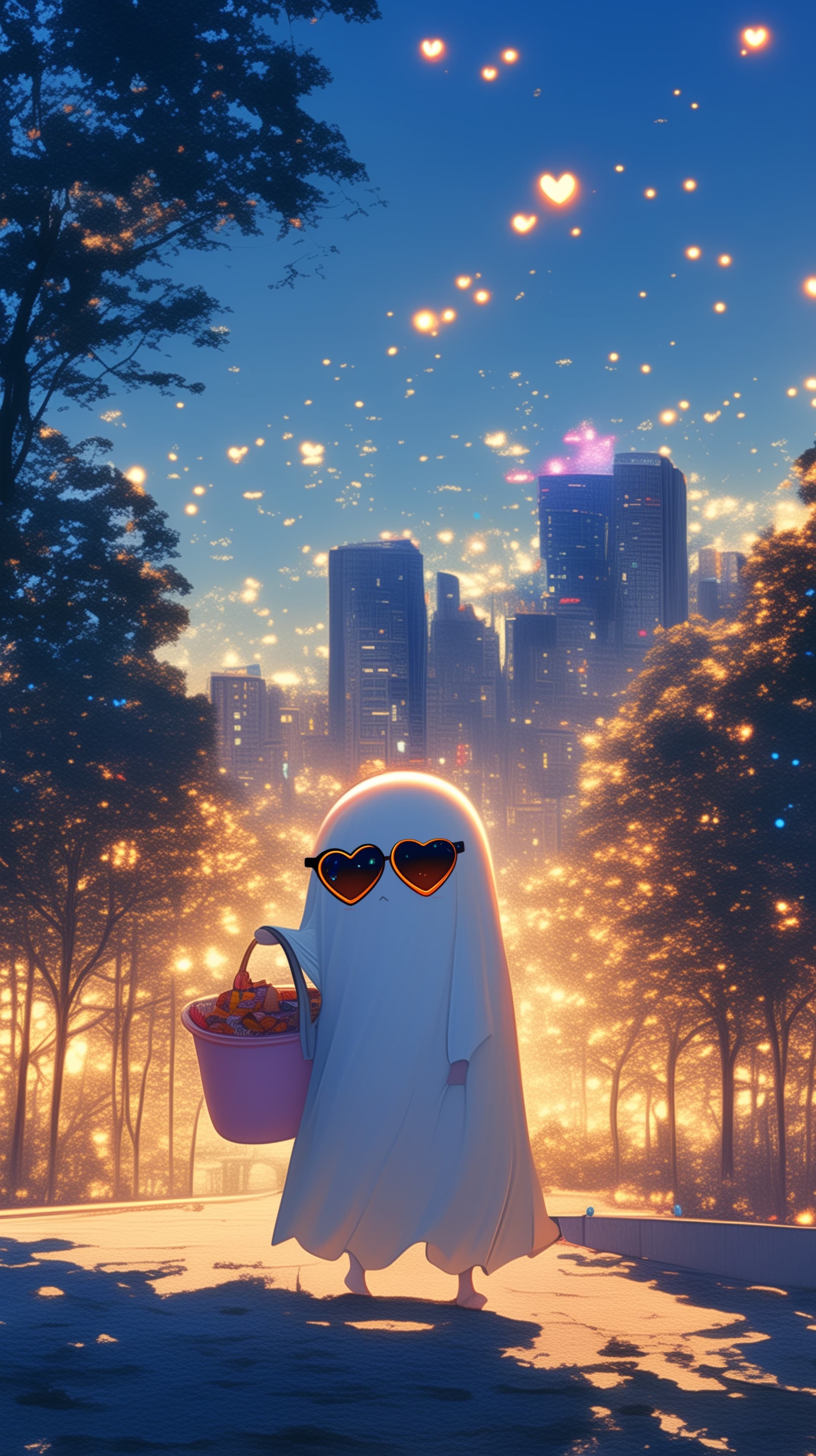 Whimsical Ghost in a Sunset City Park with Floating Lights - High Resolution candy-basket Wallpaper for Mobile and Desktop