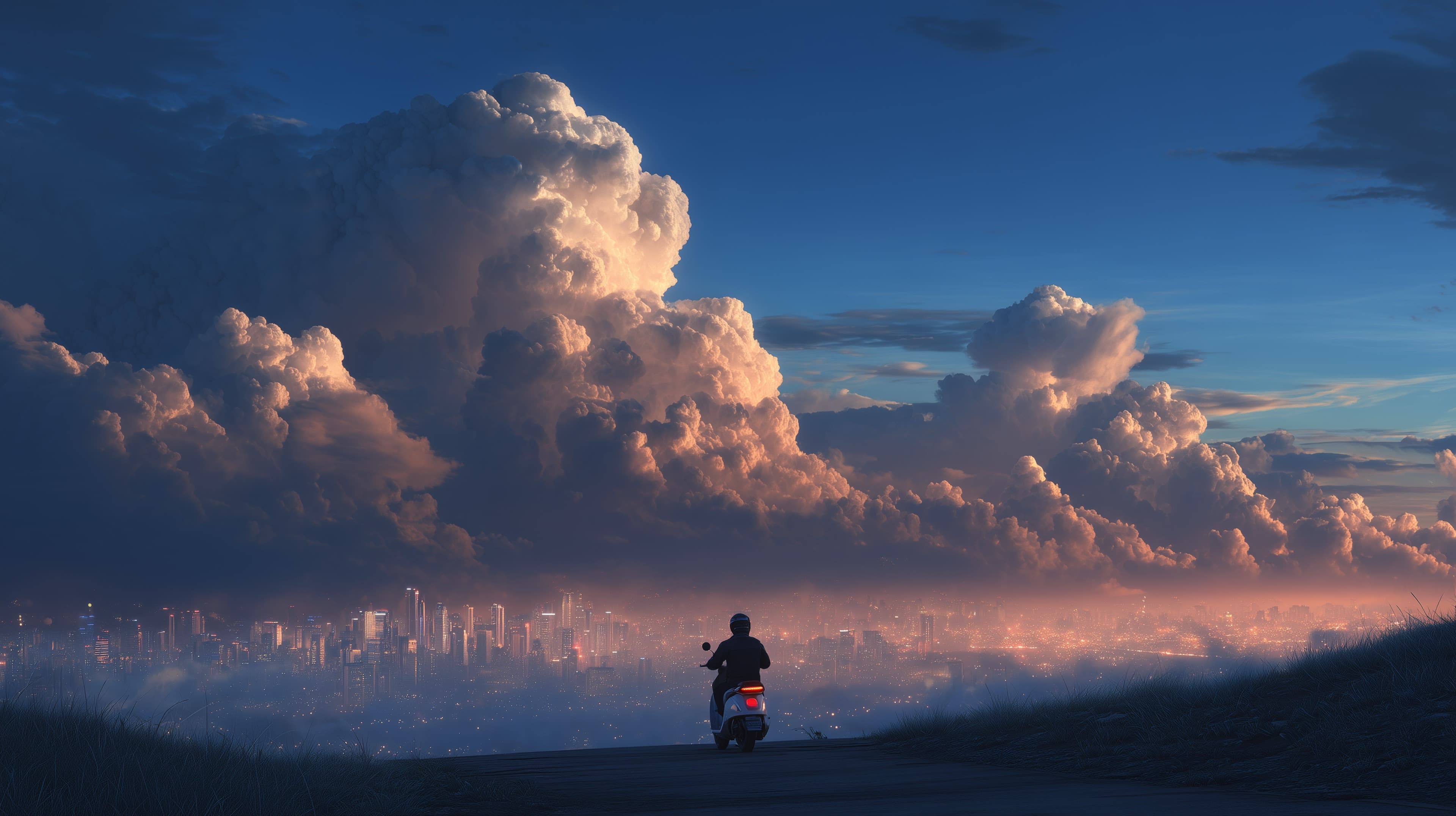 Dramatic Cloudscape Over City at Dusk with Silhouette Rider - High Resolution cinematic Wallpaper for Mobile and Desktop