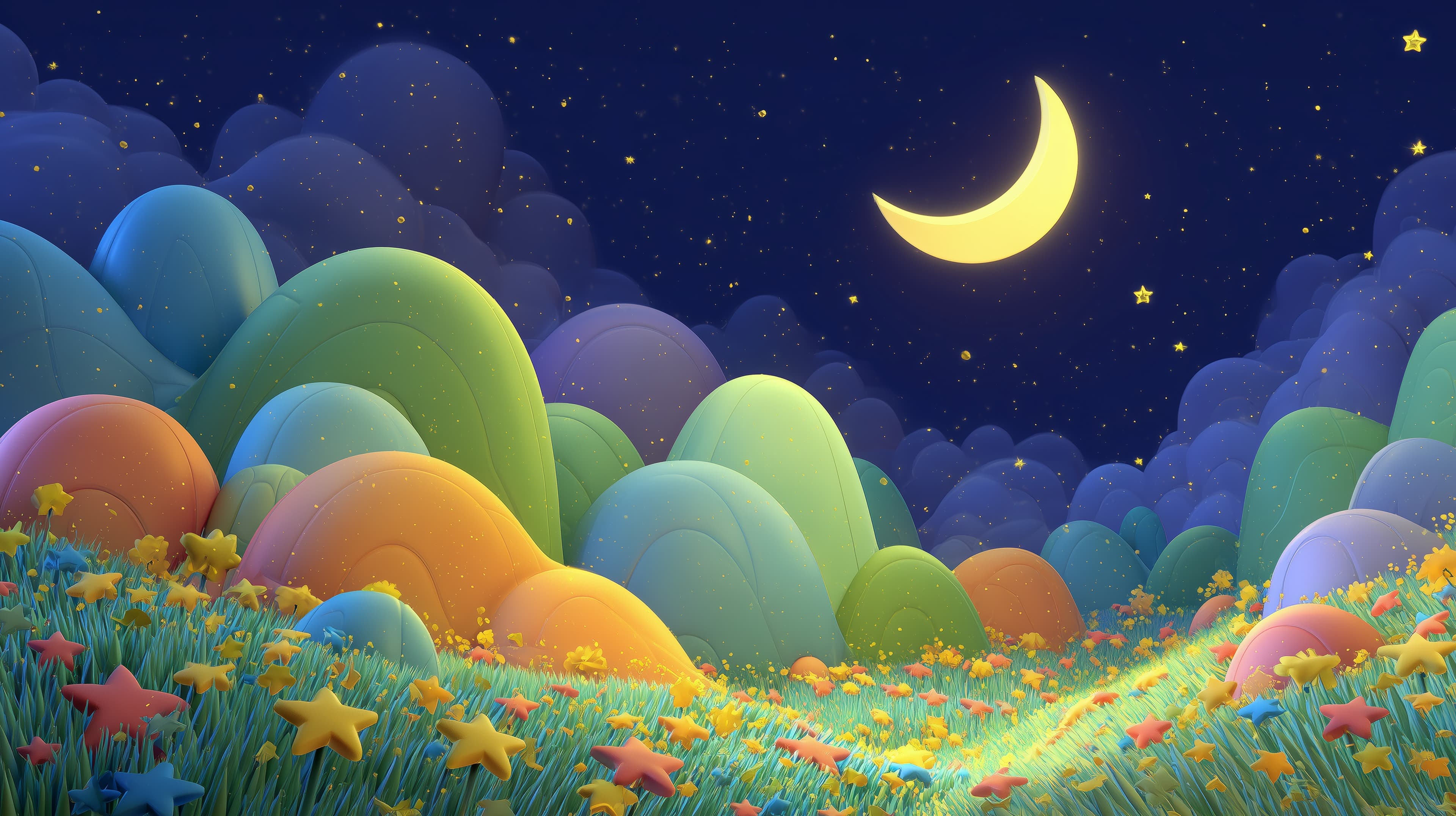 Whimsical Rainbow Hills Under Soft Moonlit Night Sky - High Resolution colorful-hills Wallpaper for Mobile and Desktop