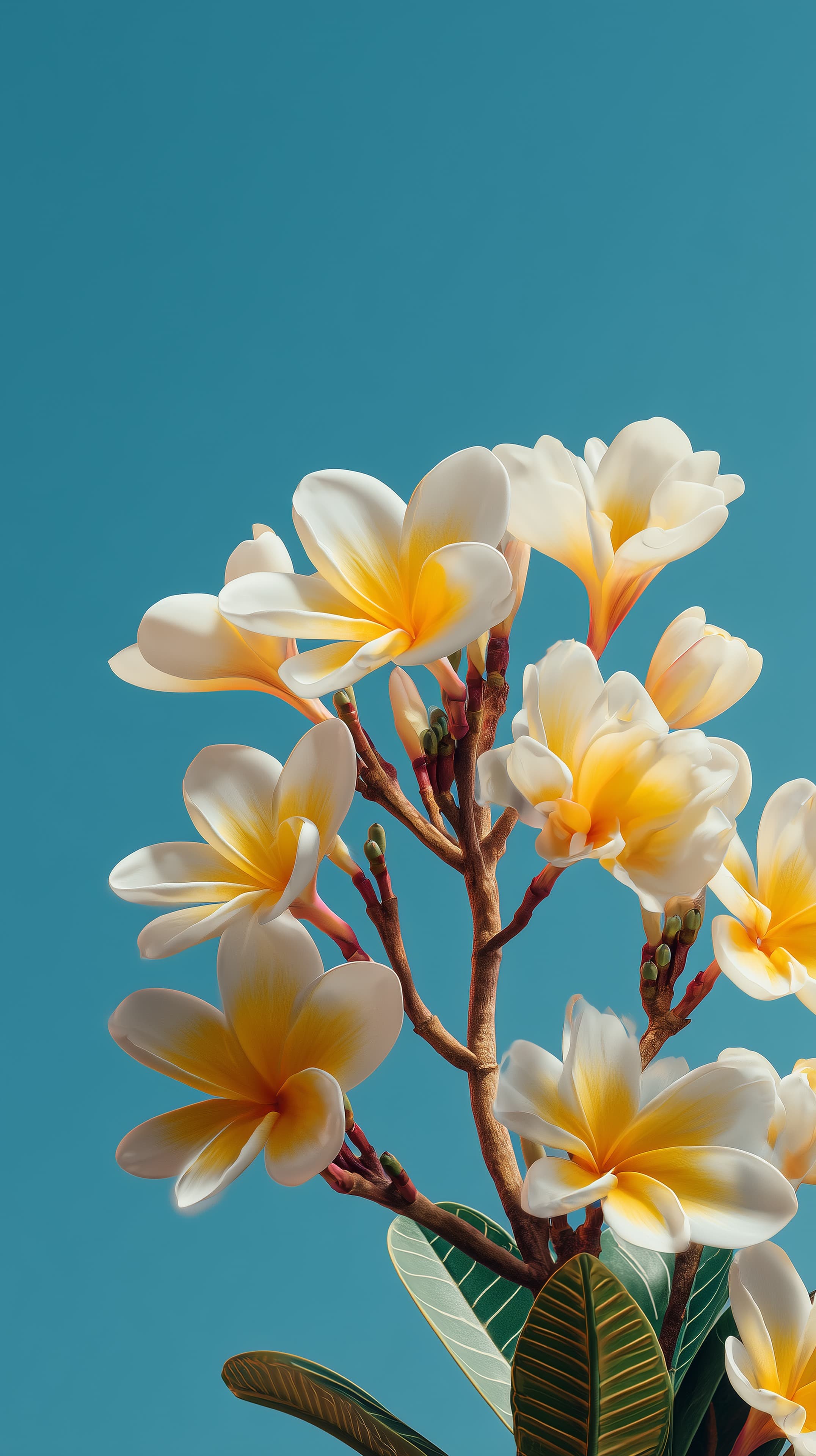 Sunny Plumeria Flowers on Blue Sky — High-Resolution Floral Wallpaper - High Resolution blue-background Wallpaper for Mobile and Desktop