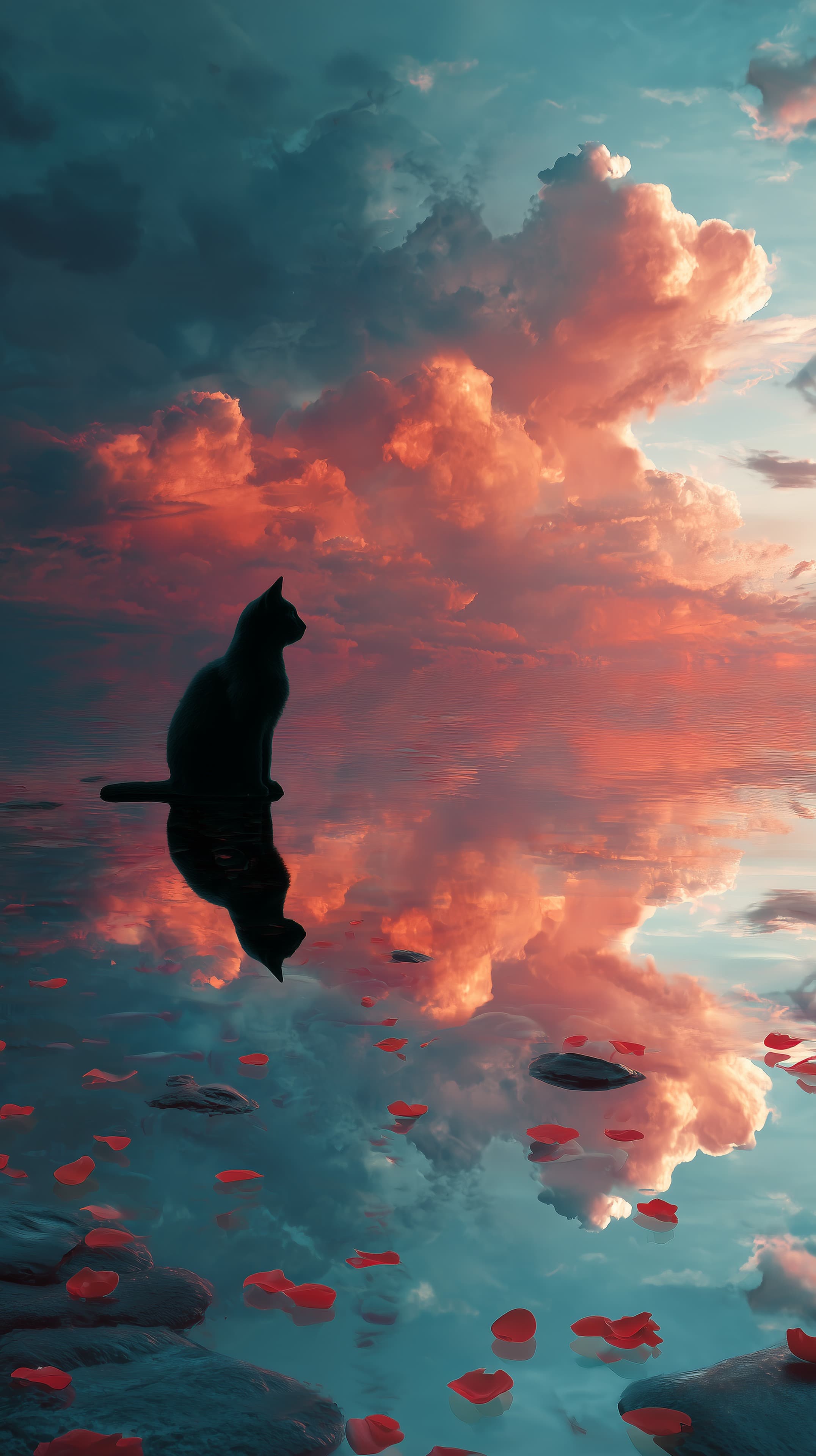 Dreamy Cat Silhouette Above Sunset Clouds and Reflections - High Resolution calm-waters Wallpaper for Mobile and Desktop