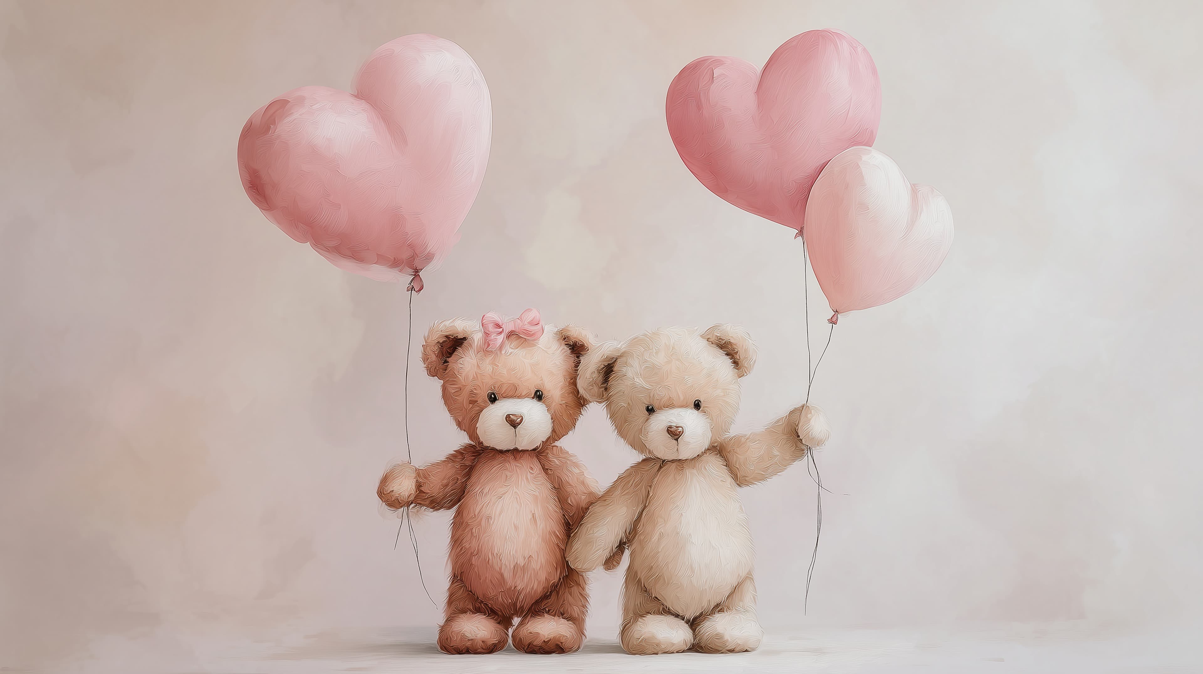 Cute Teddy Bears with Pink Heart Balloons - Cozy Wall Art - High Resolution cute-wall-art Wallpaper for Mobile and Desktop