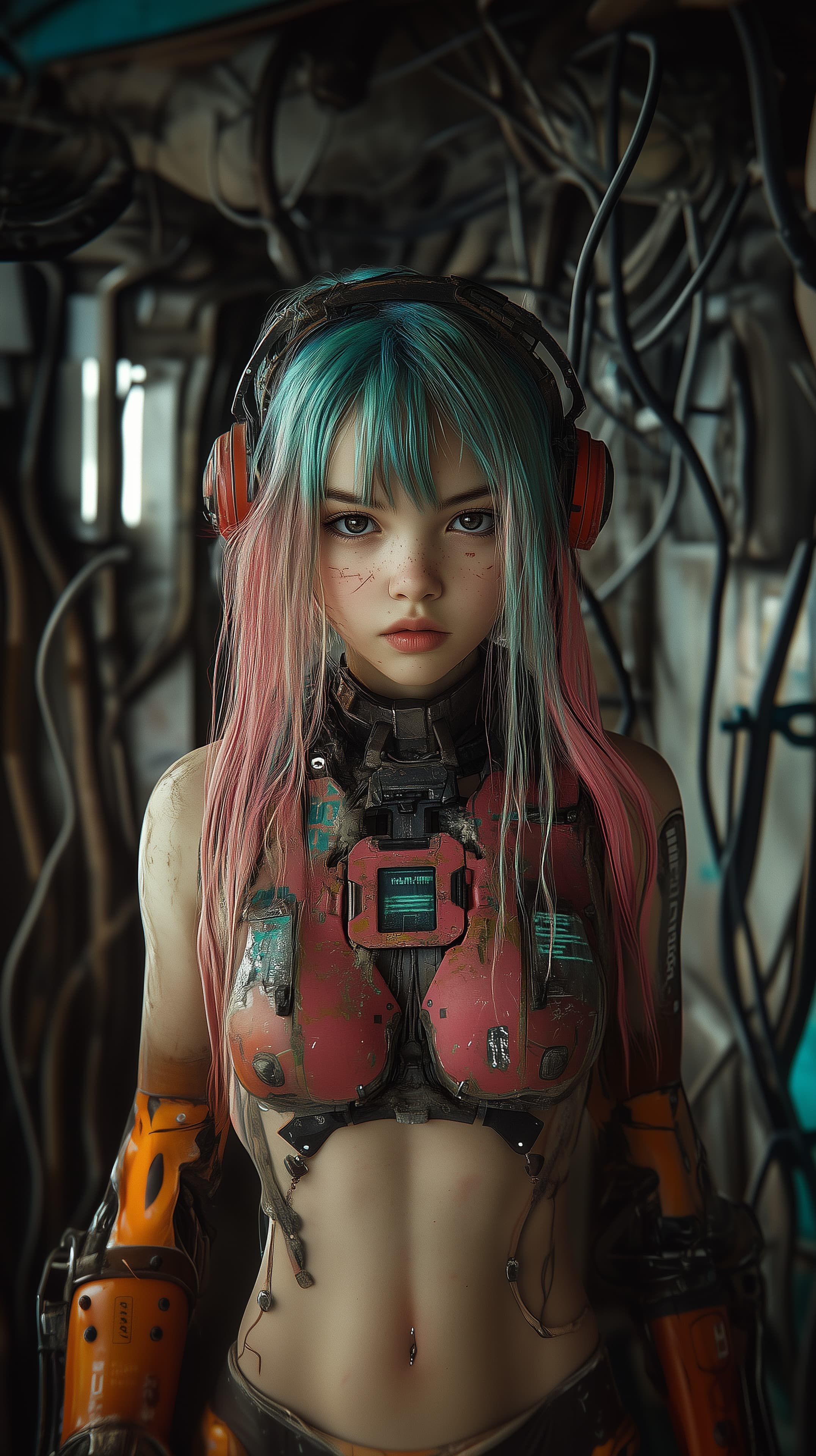 Cyberpunk Femme in Weathered Armor – Futuristic Portrait - High Resolution android Wallpaper for Mobile and Desktop