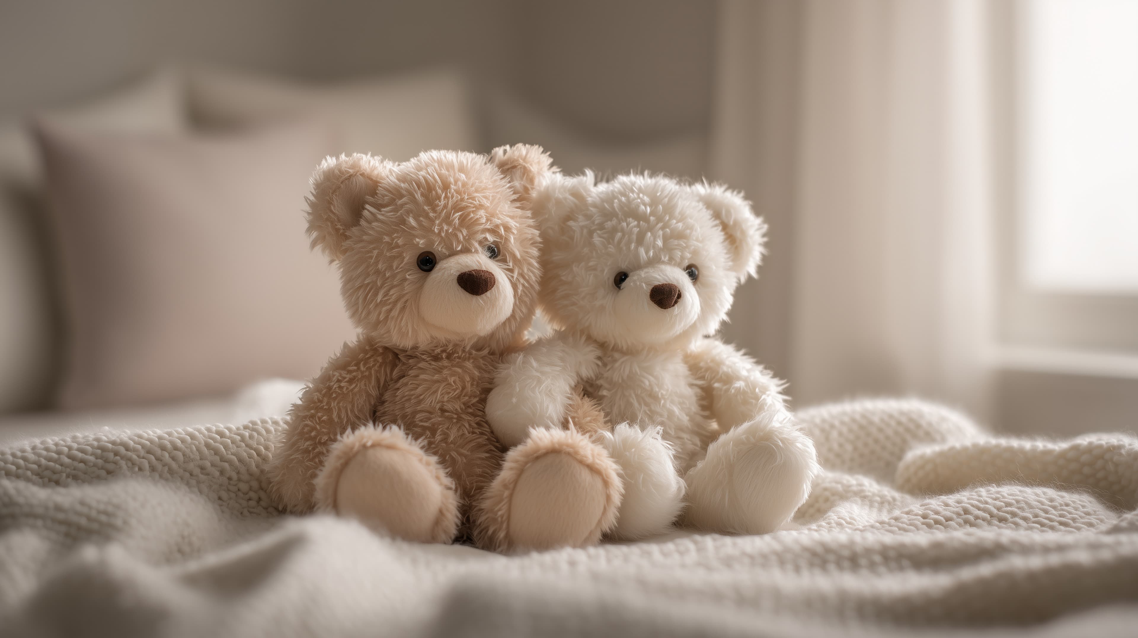 Cozy Plush Teddy Bears on a Soft Bed – Warm Nursery Wallpaper - High Resolution children-s-room Wallpaper for Mobile and Desktop