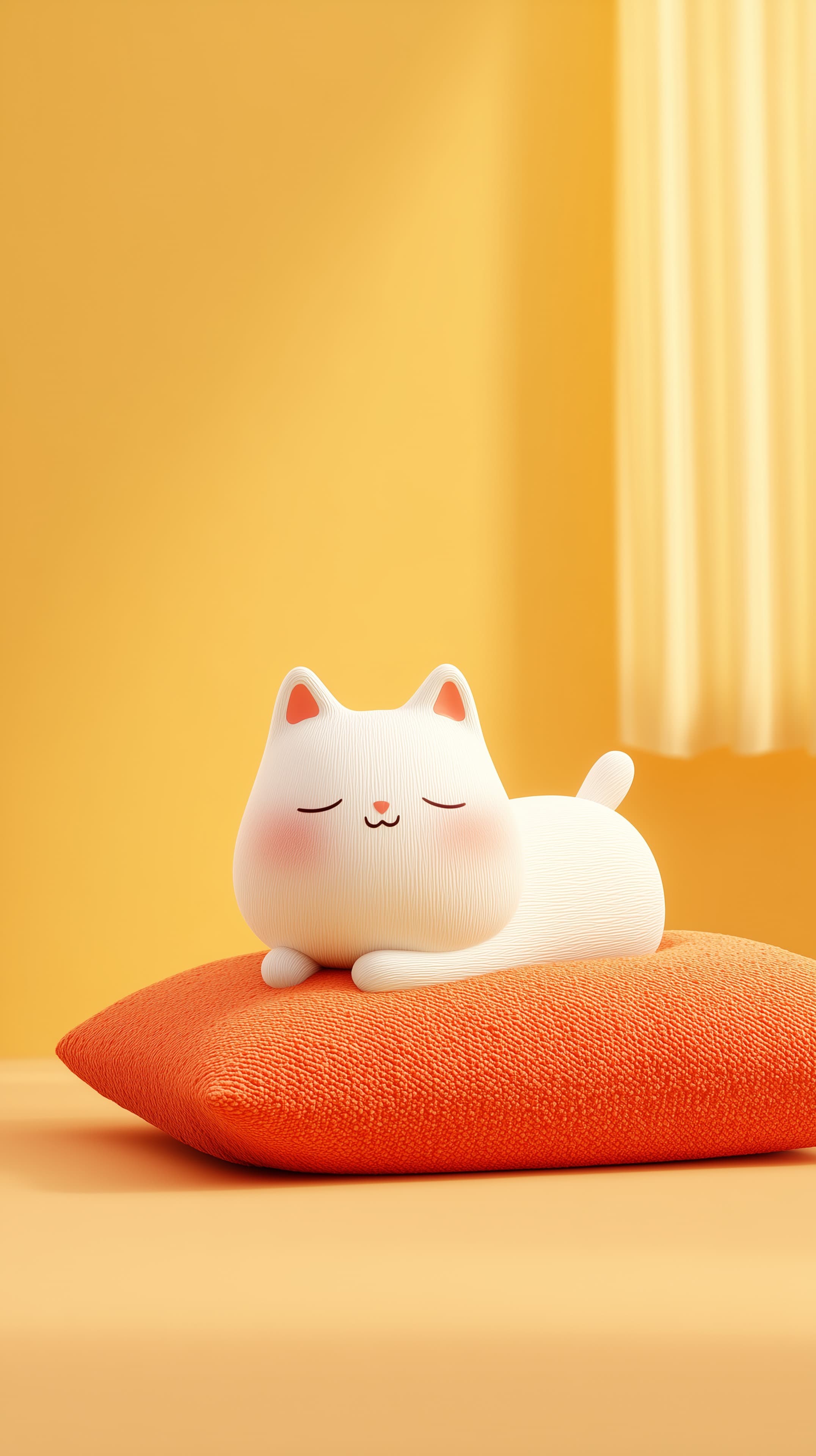 Cozy Sleeping Cat Figurine on Orange Pillow in Sunny Wallpaper - High Resolution 3d-render Wallpaper for Mobile and Desktop