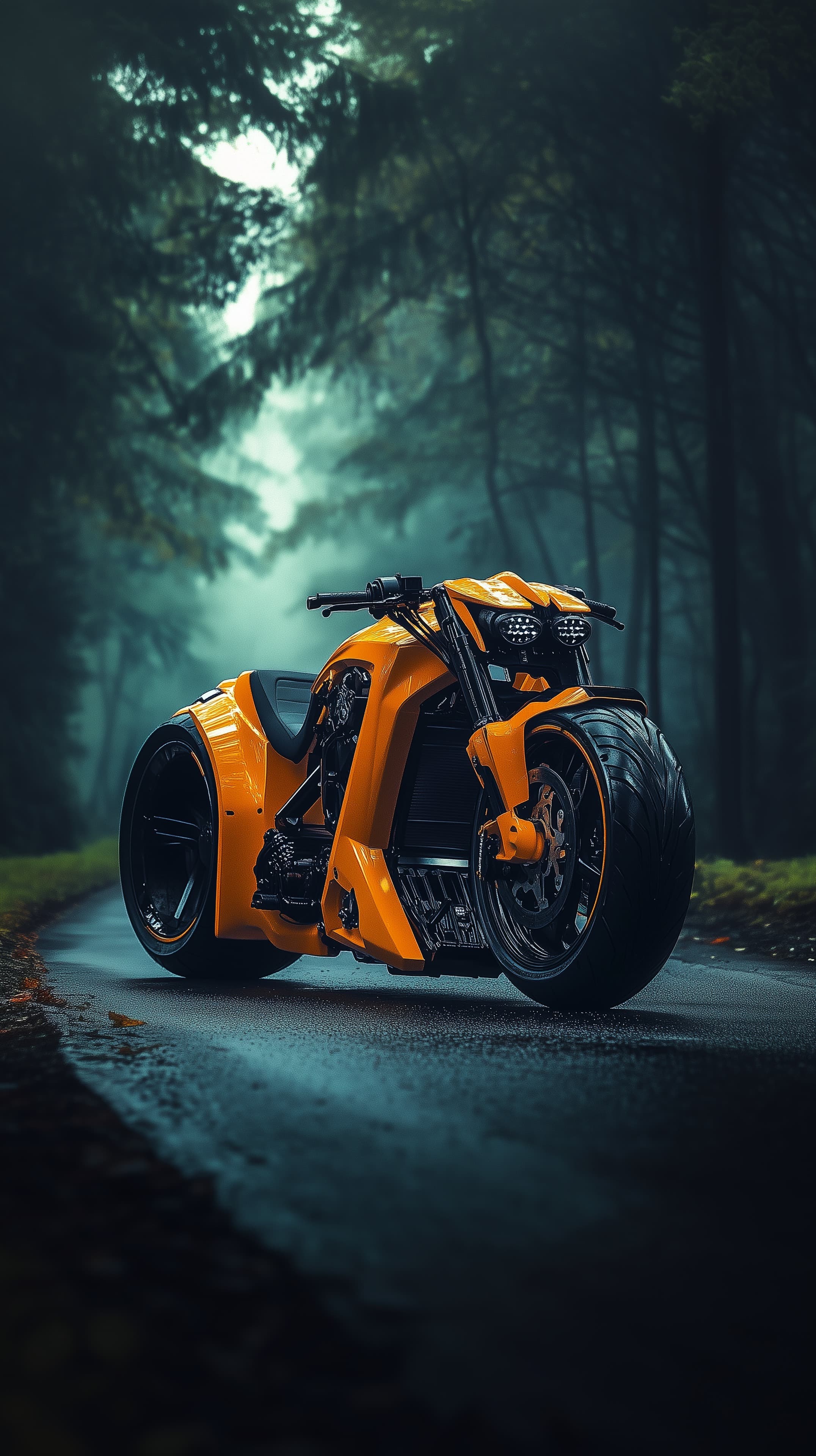 Vibrant Orange Sport Motorcycle on a Misty Forest Road - High Resolution cinematic-art Wallpaper for Mobile and Desktop
