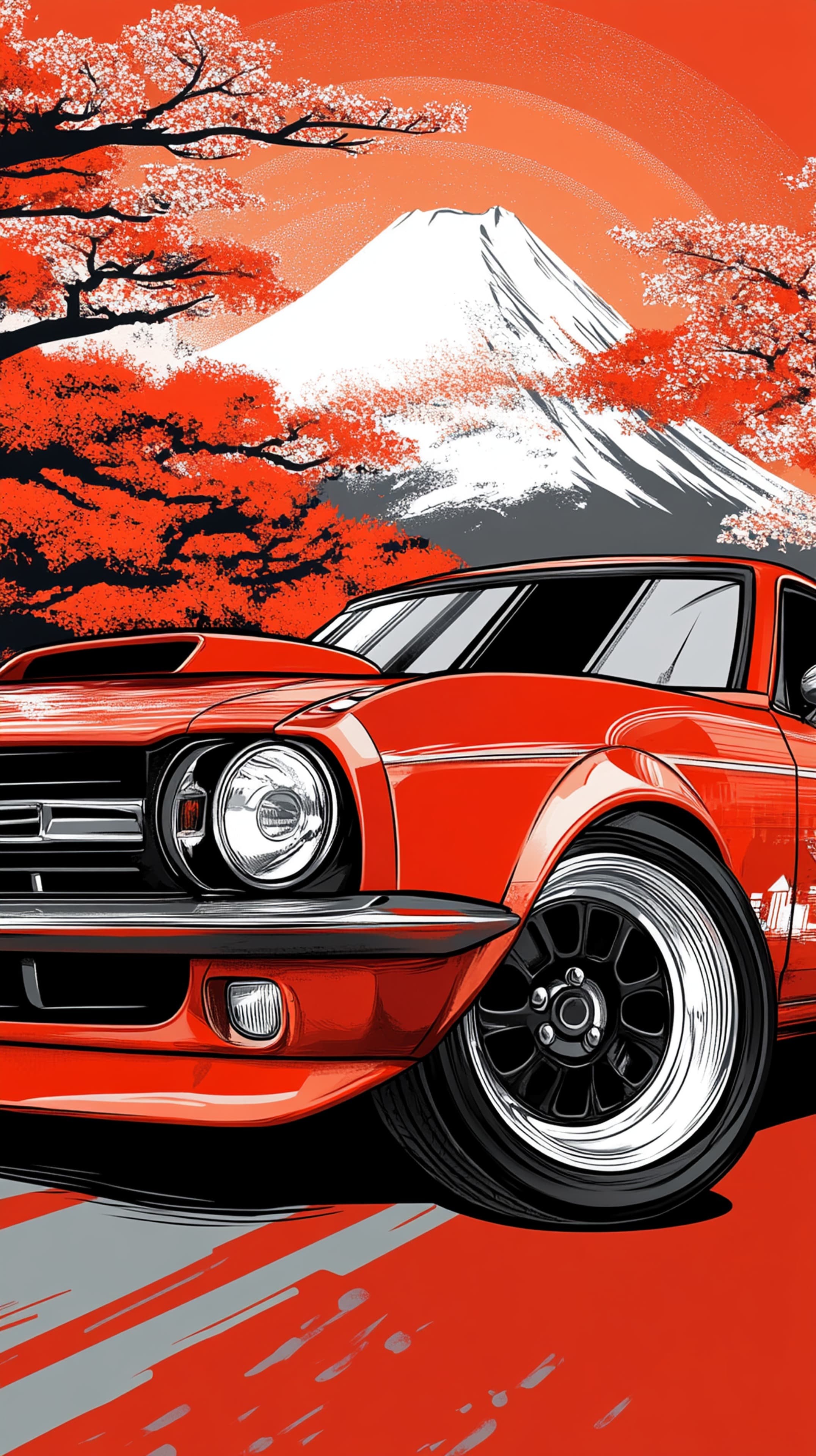 Vibrant Pink Sports Car in Autumn City Street – Digital Painting - High Resolution autumn-city Wallpaper for Mobile and Desktop