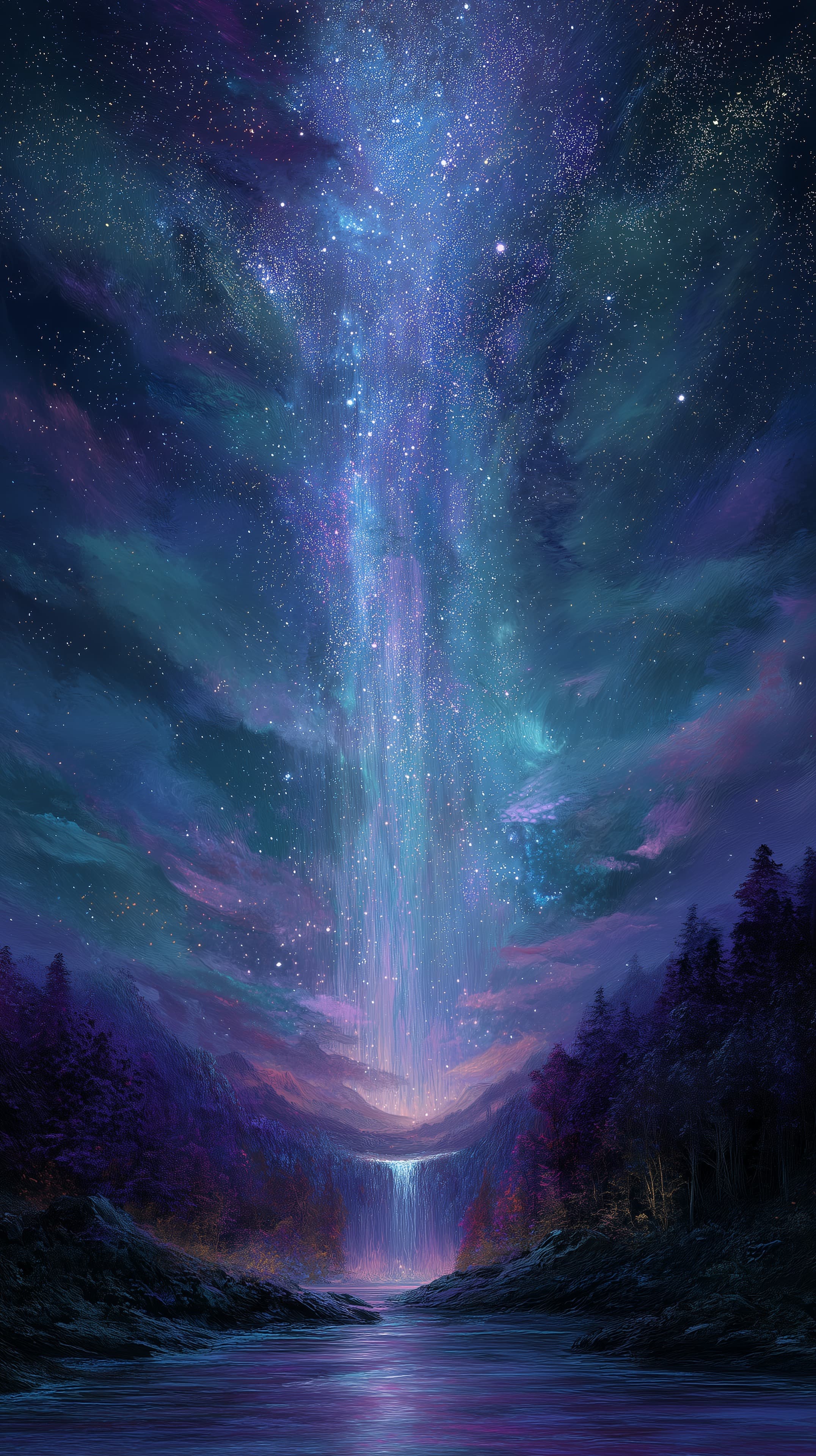 Aurora Nightscape: Starry Sky Over Valley and River - High Resolution aurora Wallpaper for Mobile and Desktop