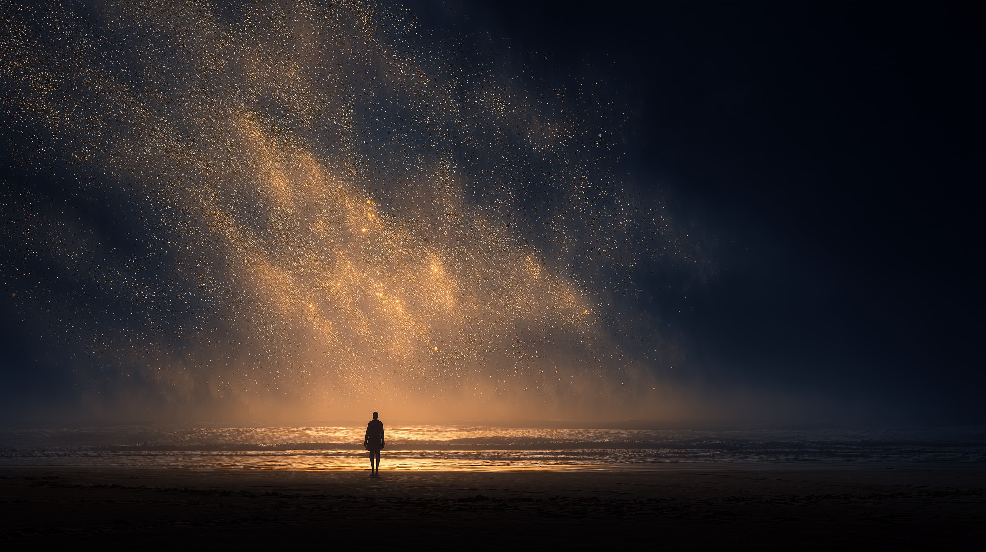 Mystical Night Beach Scene with Golden Light and Silhouette - High Resolution atmosphere Wallpaper for Mobile and Desktop