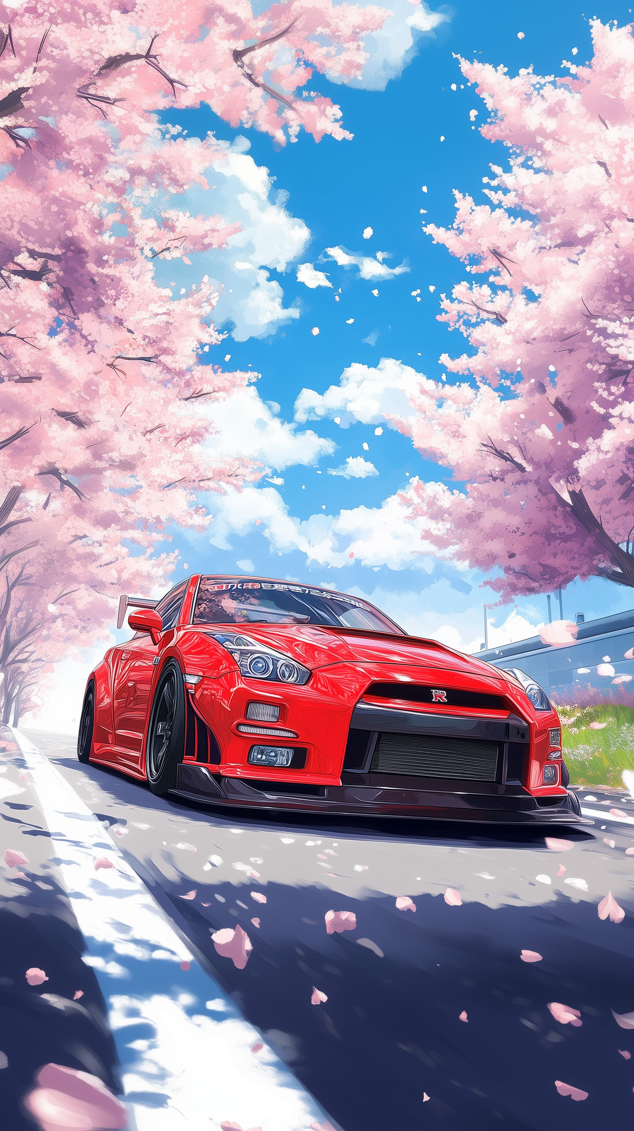 Vibrant Red Sports Car Amid Pink Cherry Blossoms Wallpaper - High Resolution anime-style Wallpaper for Mobile and Desktop