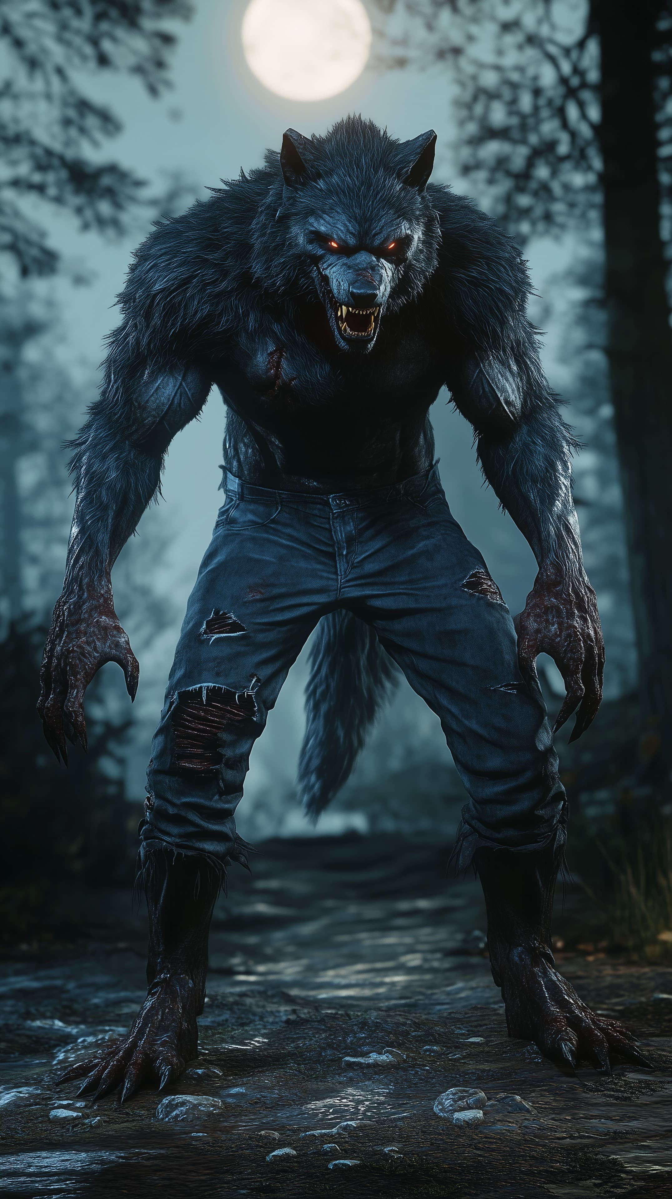 Moonlit Werewolf Warrior in a Haunted Forest Under the Moon - High Resolution werewolf Wallpaper for Mobile and Desktop