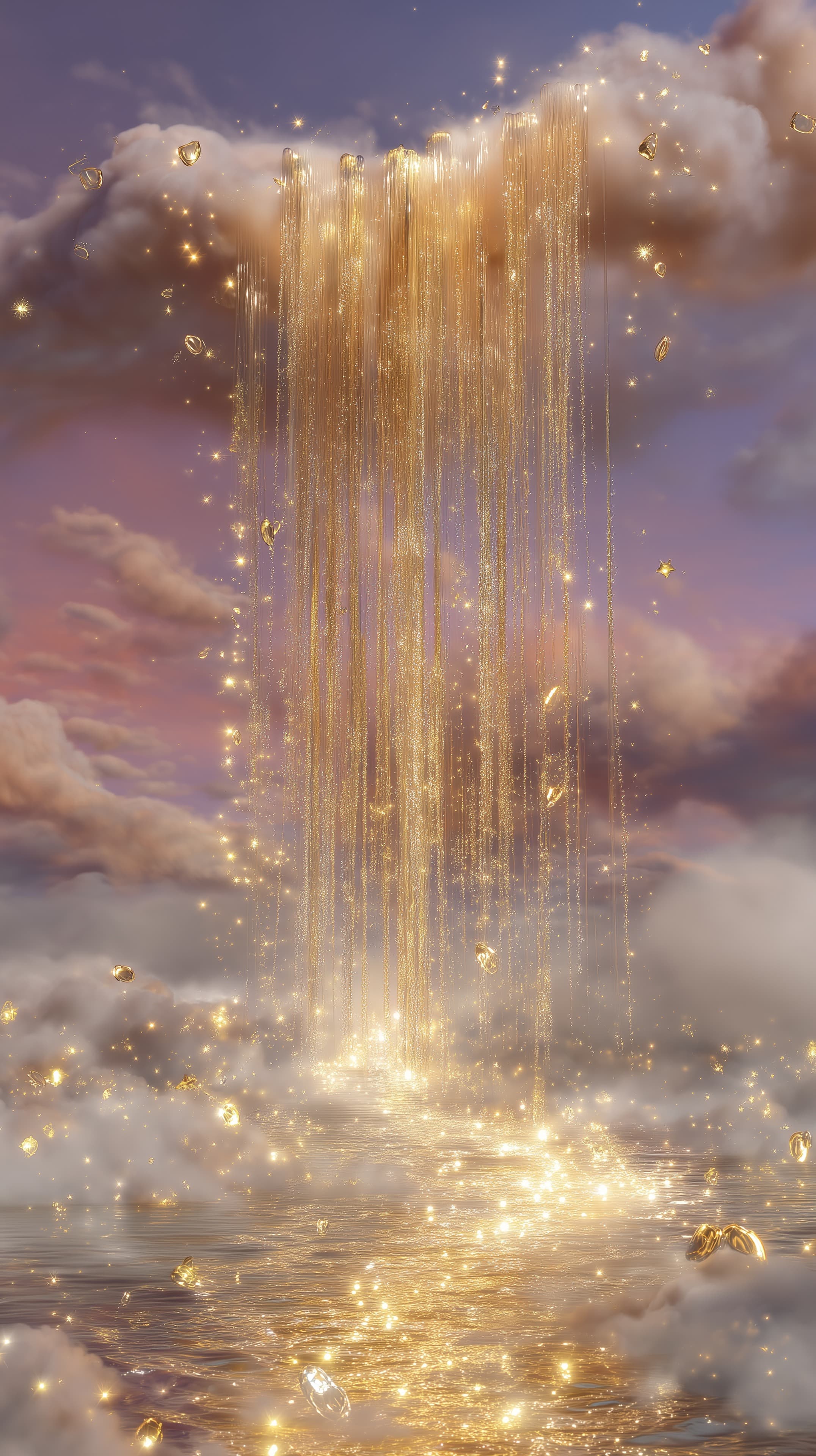 Golden Glitter Rainfall Over Sunset Clouds and Waterfall - High Resolution clouds Wallpaper for Mobile and Desktop