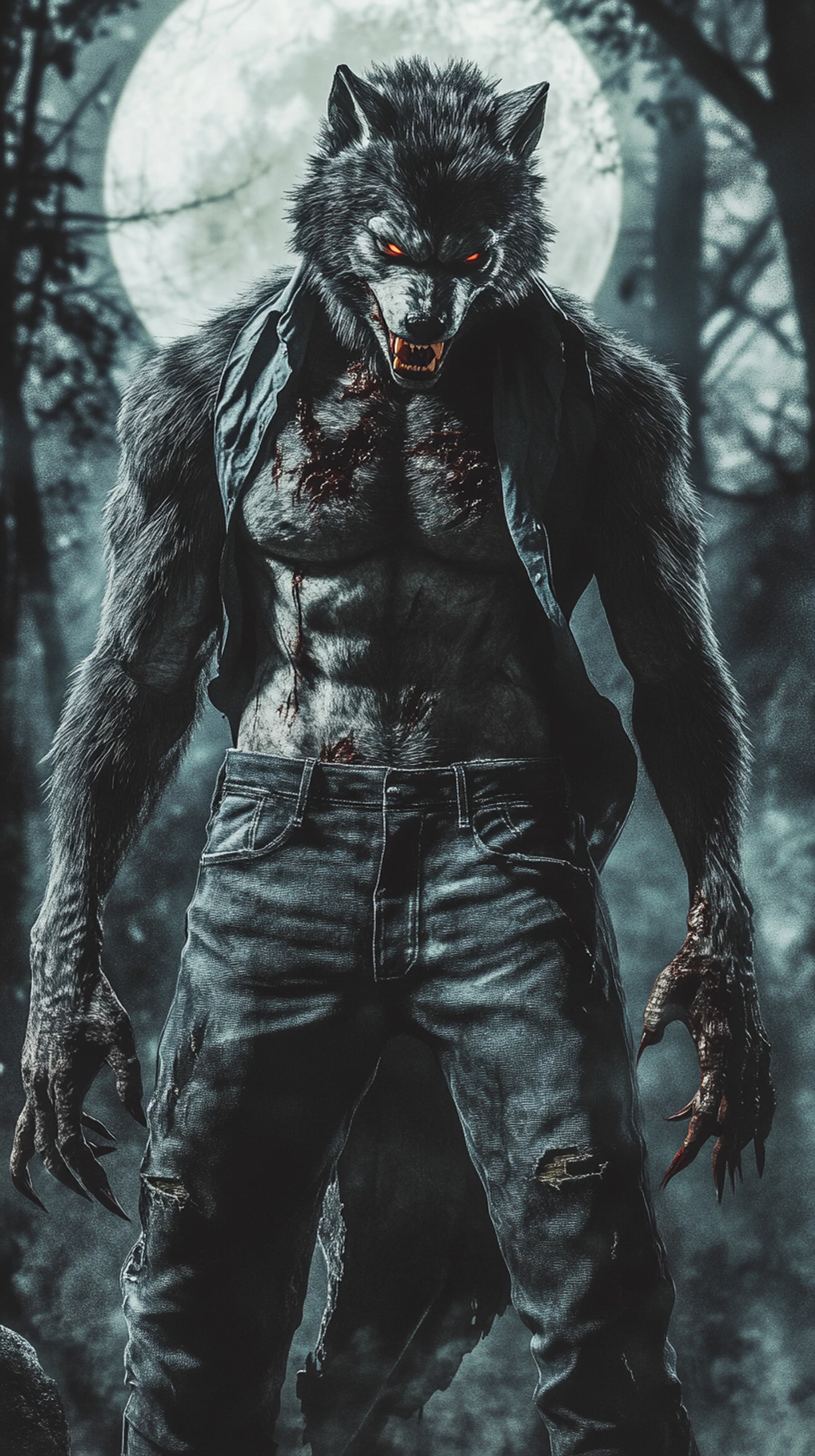 Moonlit Werewolf in a Dark Forest - Night Monster Wallpaper - High Resolution night Wallpaper for Mobile and Desktop