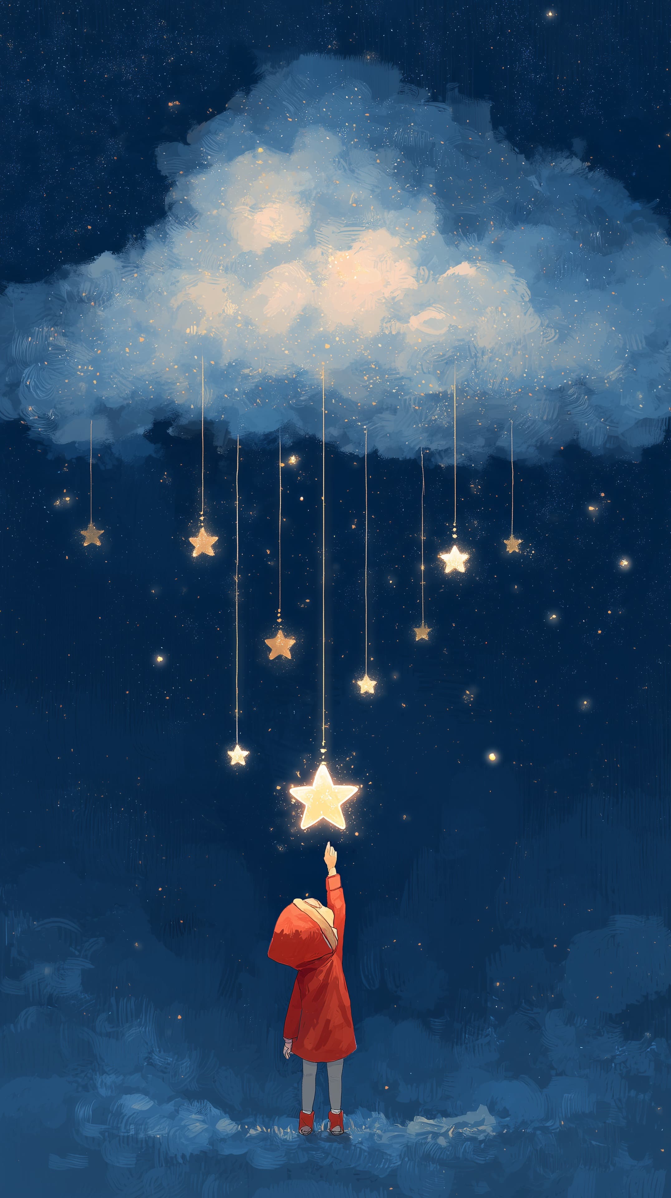 Dreamy Night Sky Wallpaper: Child Reaching Floating Stars - High Resolution blue-tones Wallpaper for Mobile and Desktop