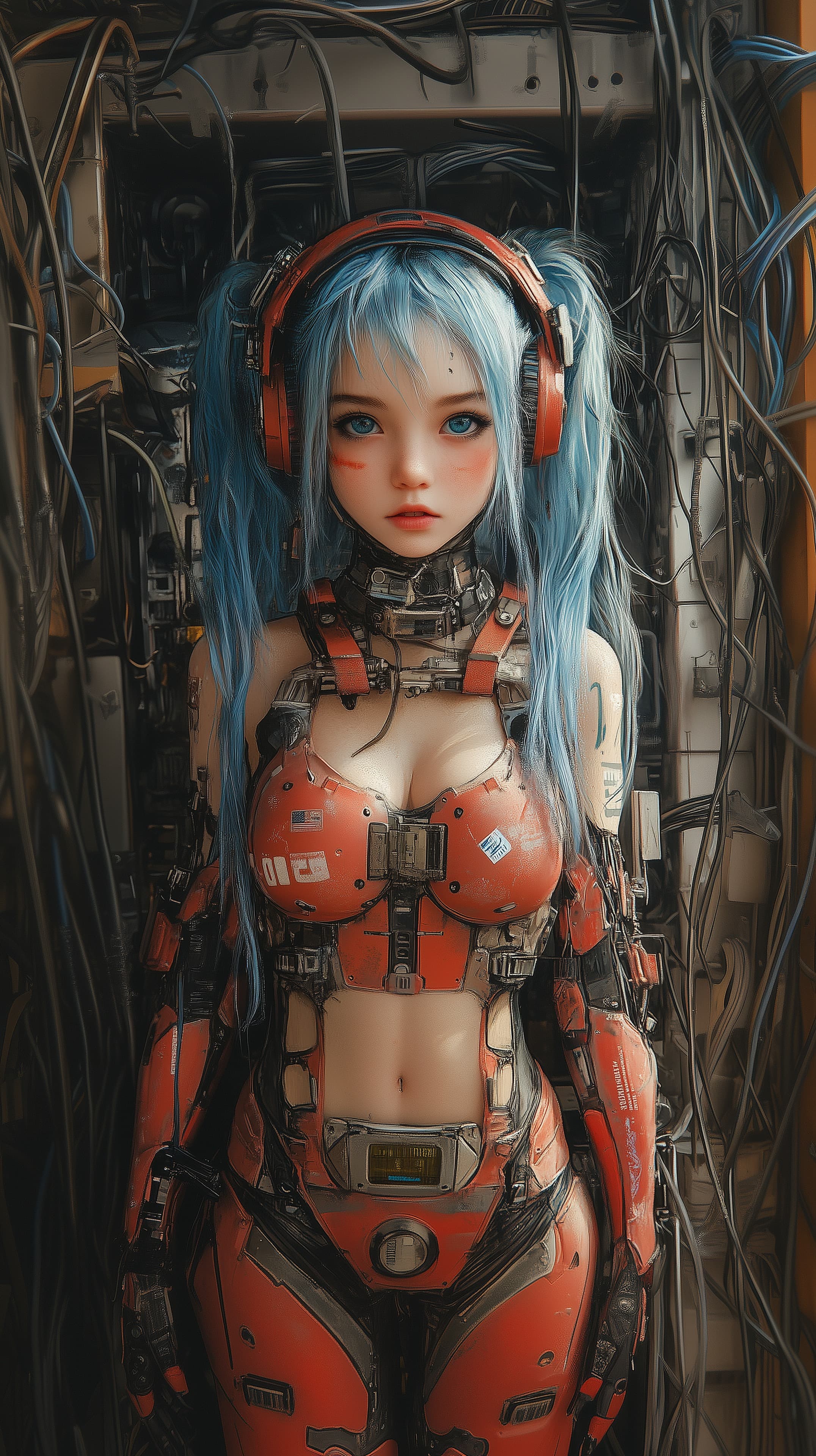 Cybernetic Siren in Red Exosuit Amid Neon Wiring and Cables - High Resolution armor Wallpaper for Mobile and Desktop