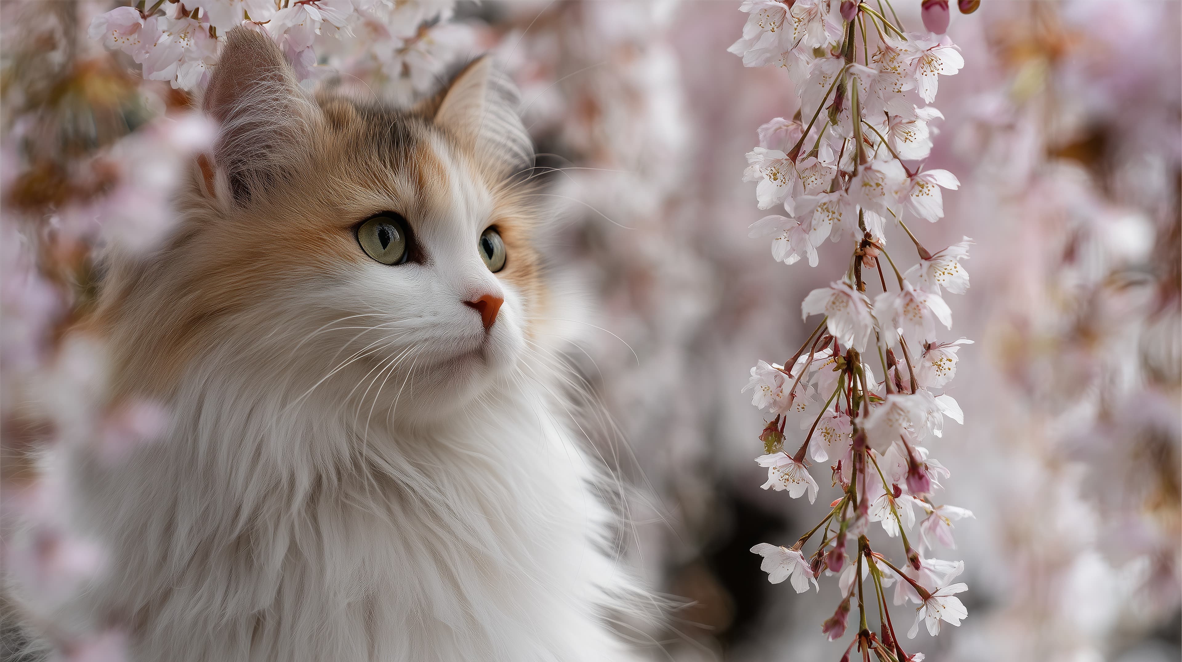 Fluffy Calico Cat Among Blossoms - Spring Wallpaper - High Resolution blossoms Wallpaper for Mobile and Desktop