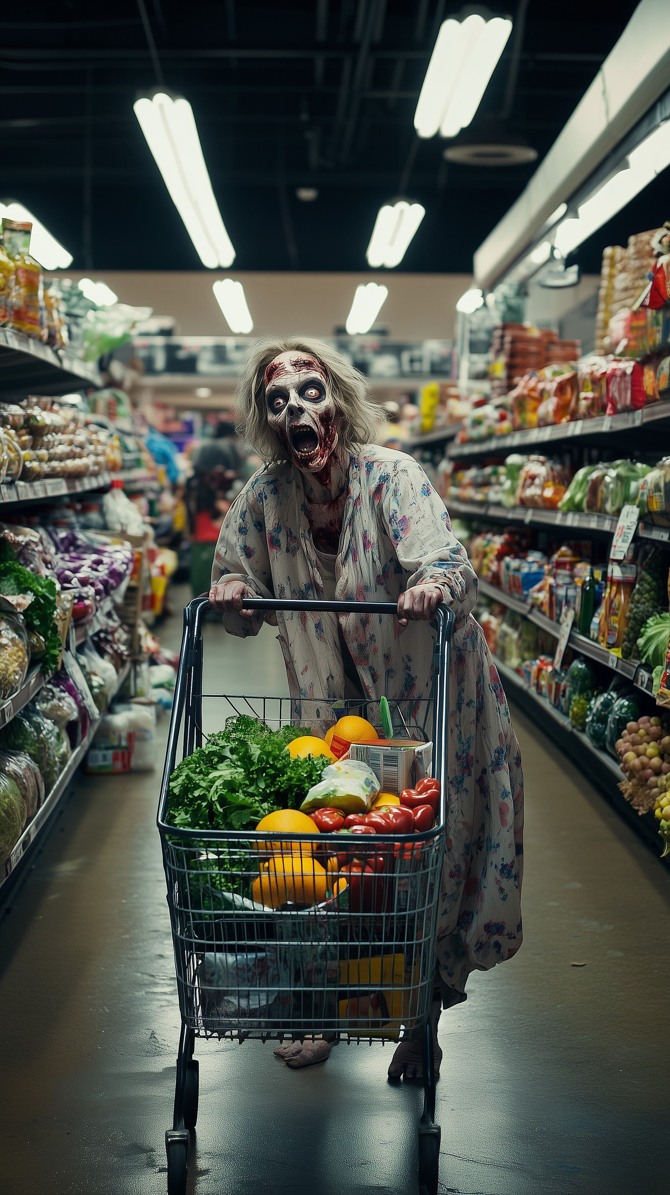 Haunted Grocery Aisle: Eerie Zombie Visitor Wallpaper - High Resolution cinematic Wallpaper for Mobile and Desktop