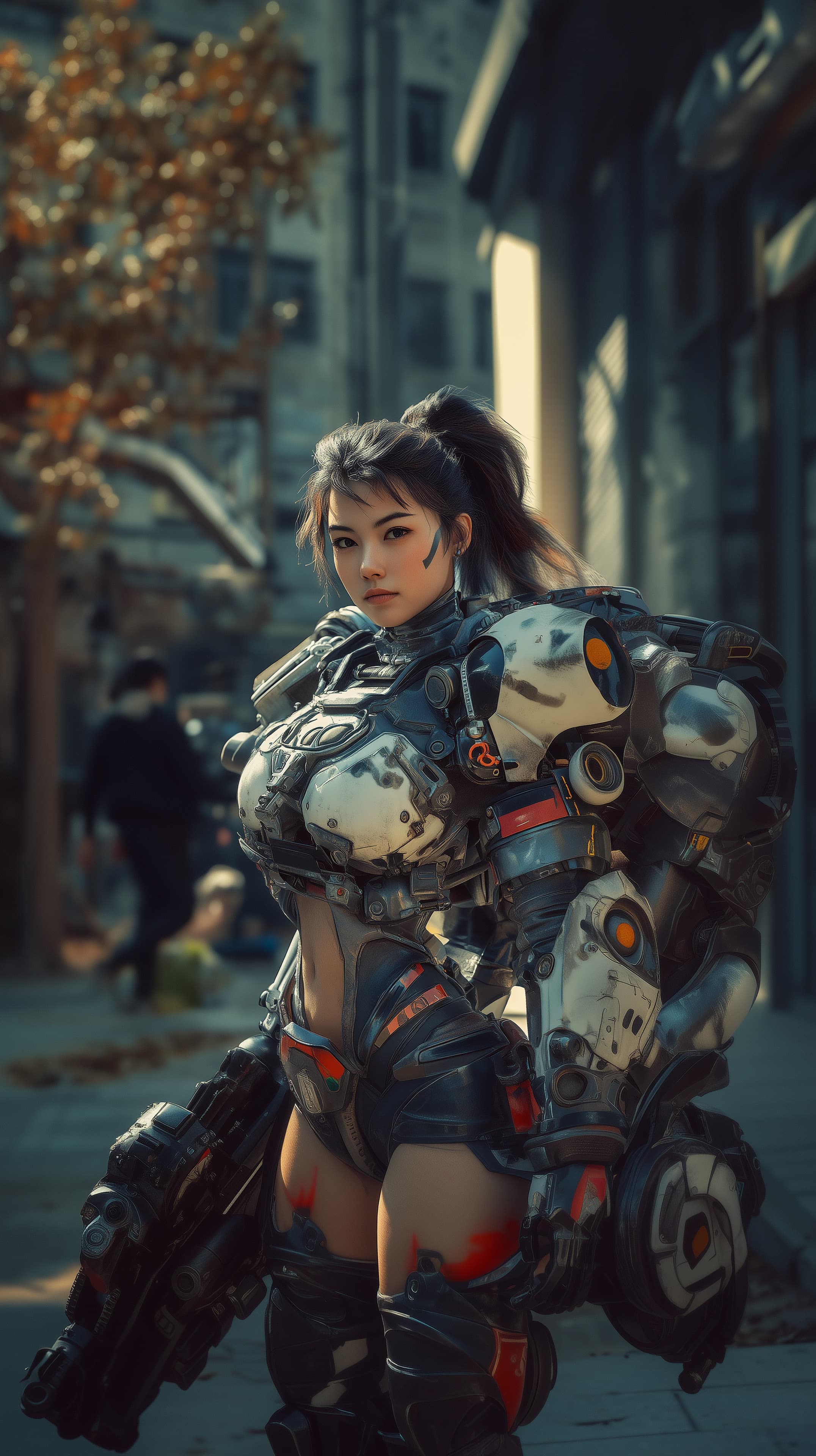 Futuristic armored warrior in a neon urban battleground - High Resolution armored-warrior Wallpaper for Mobile and Desktop