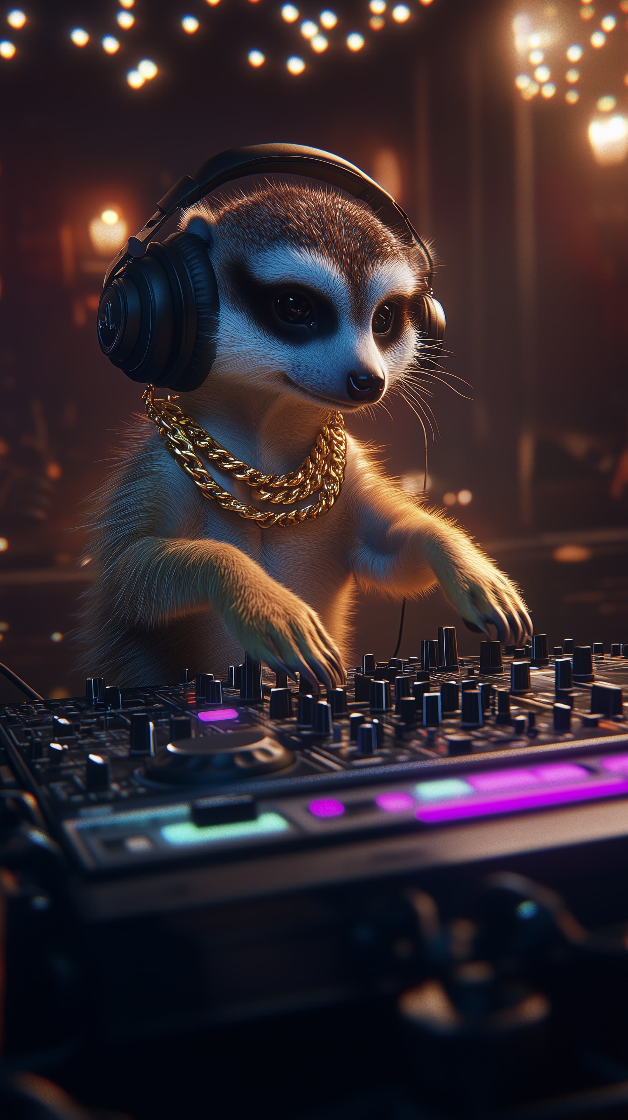 Cute Meerkat DJ With Headphones and Neon Decks in Nightlife - High Resolution 3d-art Wallpaper for Mobile and Desktop