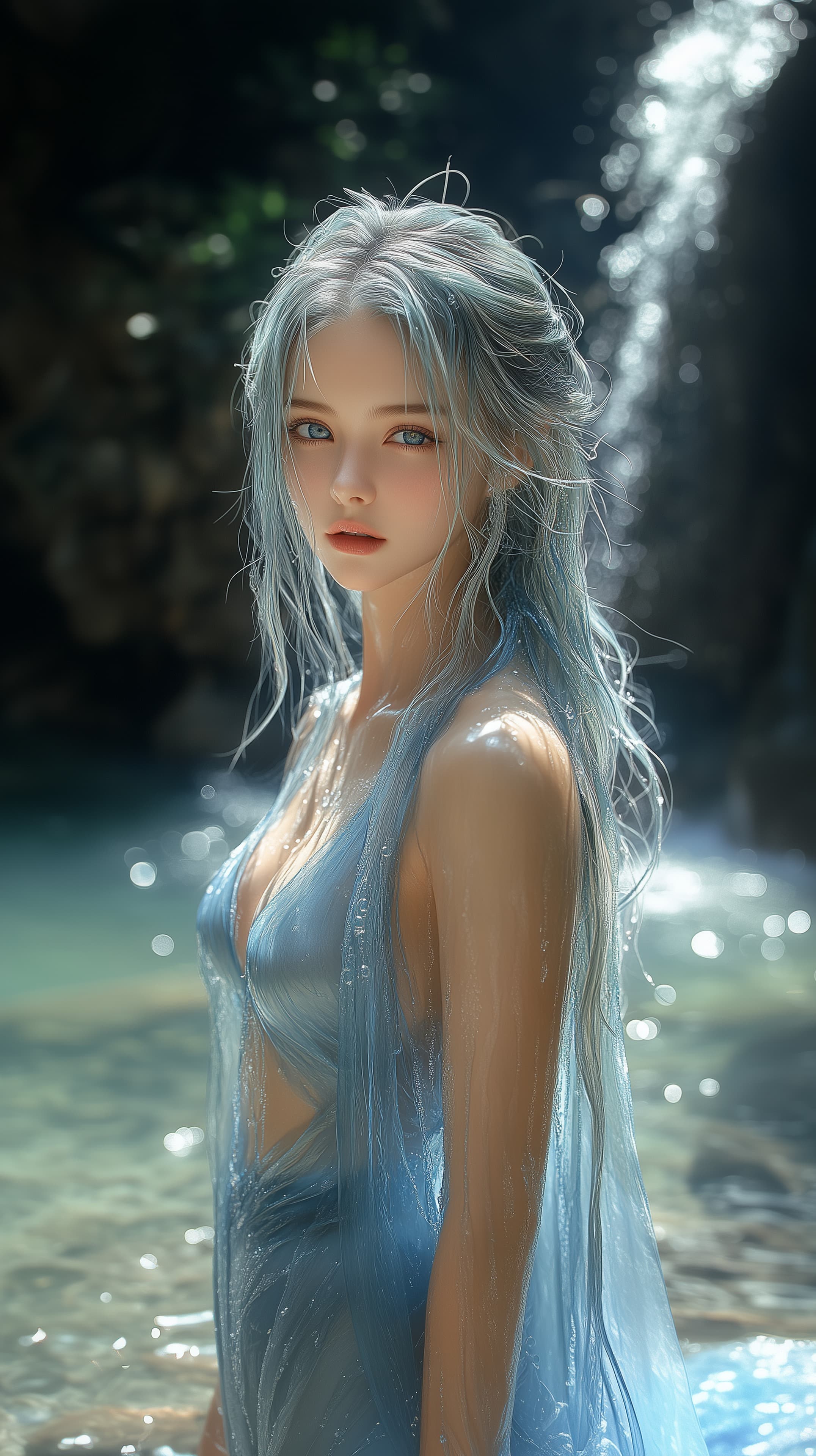 Serene Blue-Hair Fantasy Woman by Waterfall – Desktop Wallpaper - High Resolution aqua-color-palette Wallpaper for Mobile and Desktop