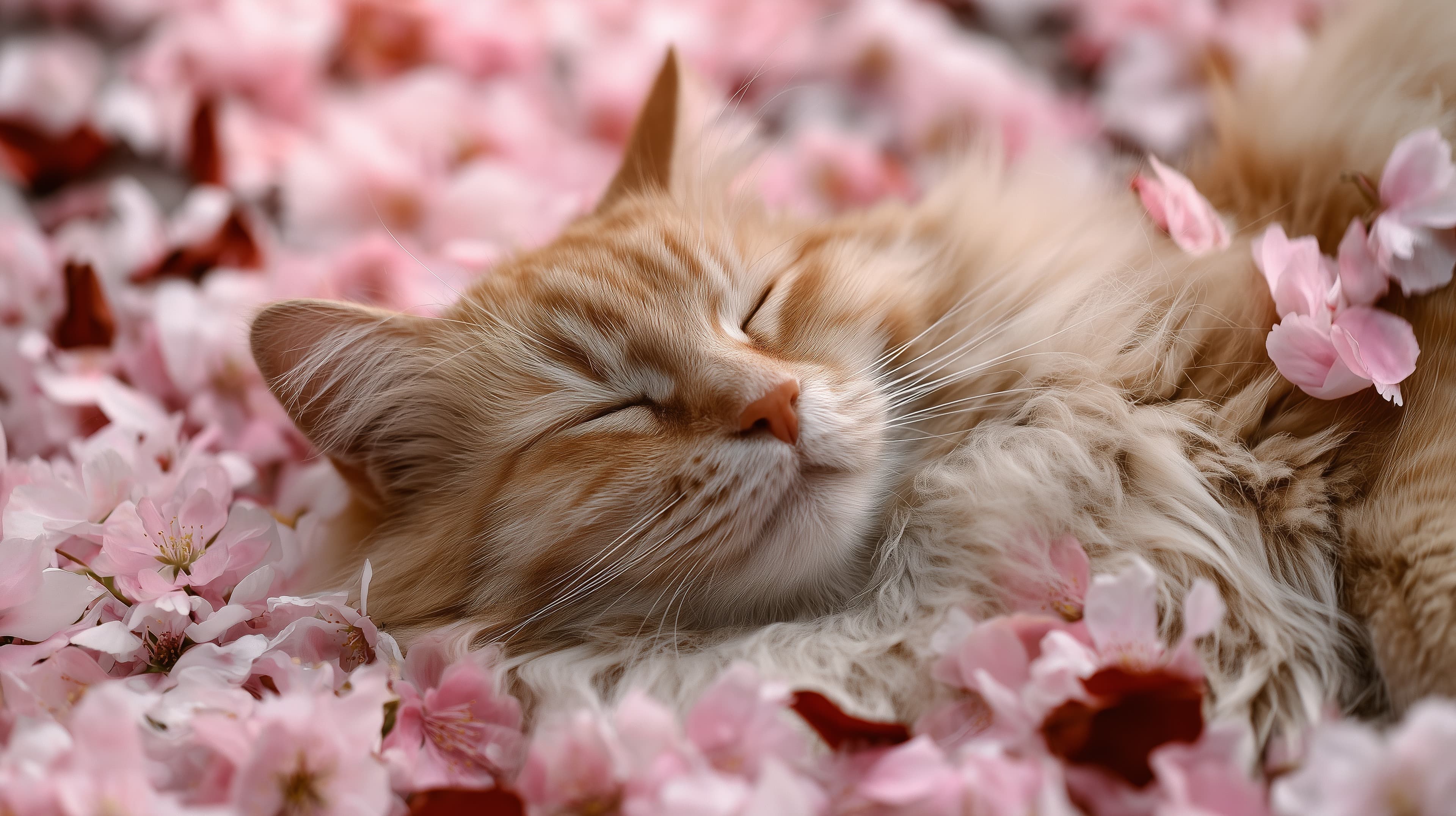 Tranquil Pink Petal Dream: Sleeping Cat Wallpaper Scene - High Resolution cat-wallpaper Wallpaper for Mobile and Desktop