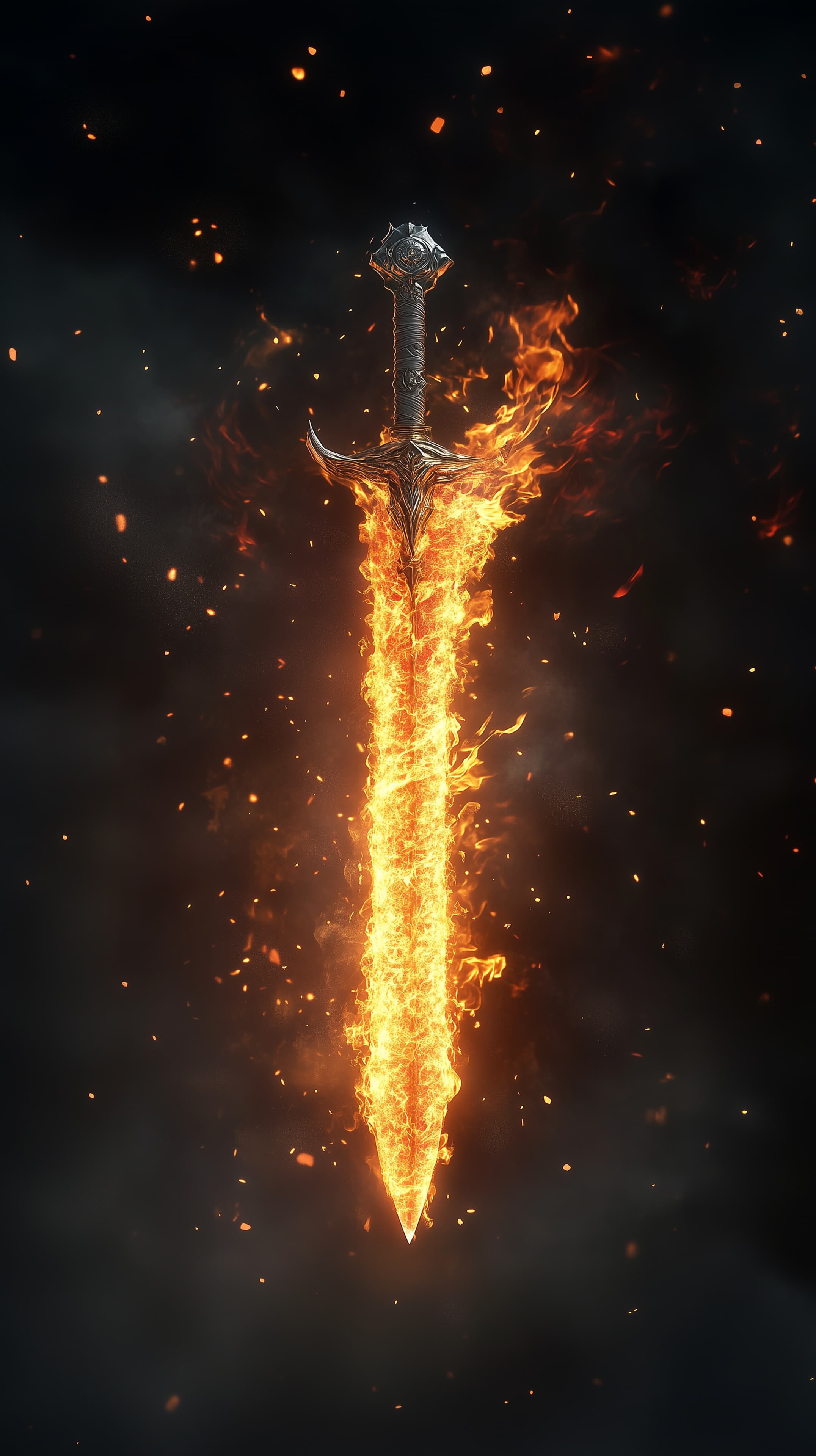 Fiery Sword of Flames: Epic Fantasy Weapon Artwork - High Resolution dark-background Wallpaper for Mobile and Desktop