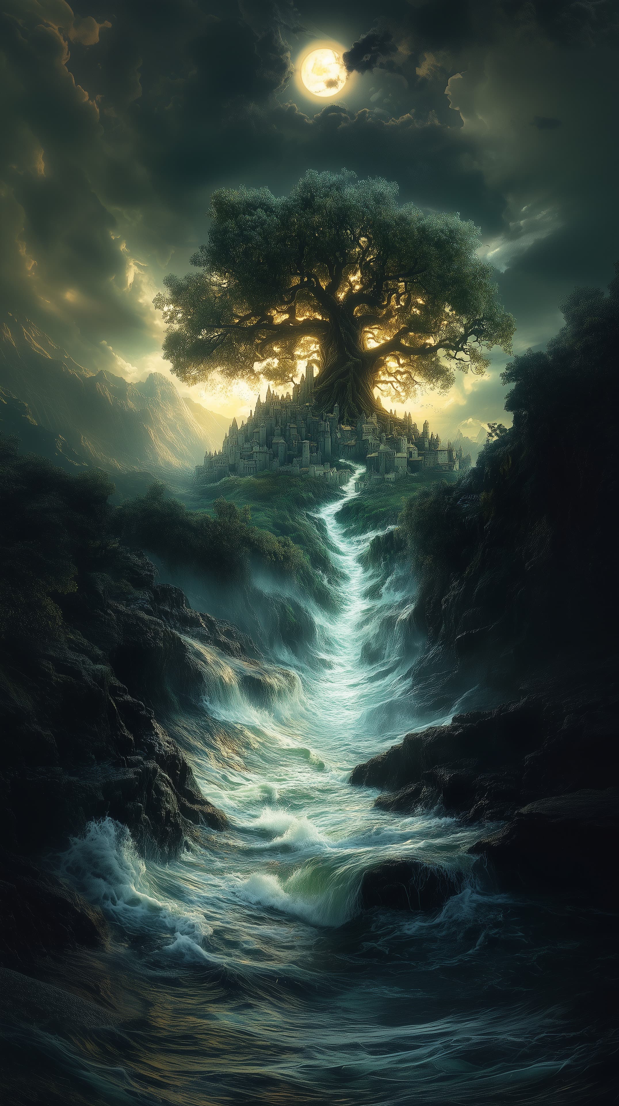 Majestic World Tree Over a Mystic City at Moonrise - High Resolution ancient-tree Wallpaper for Mobile and Desktop