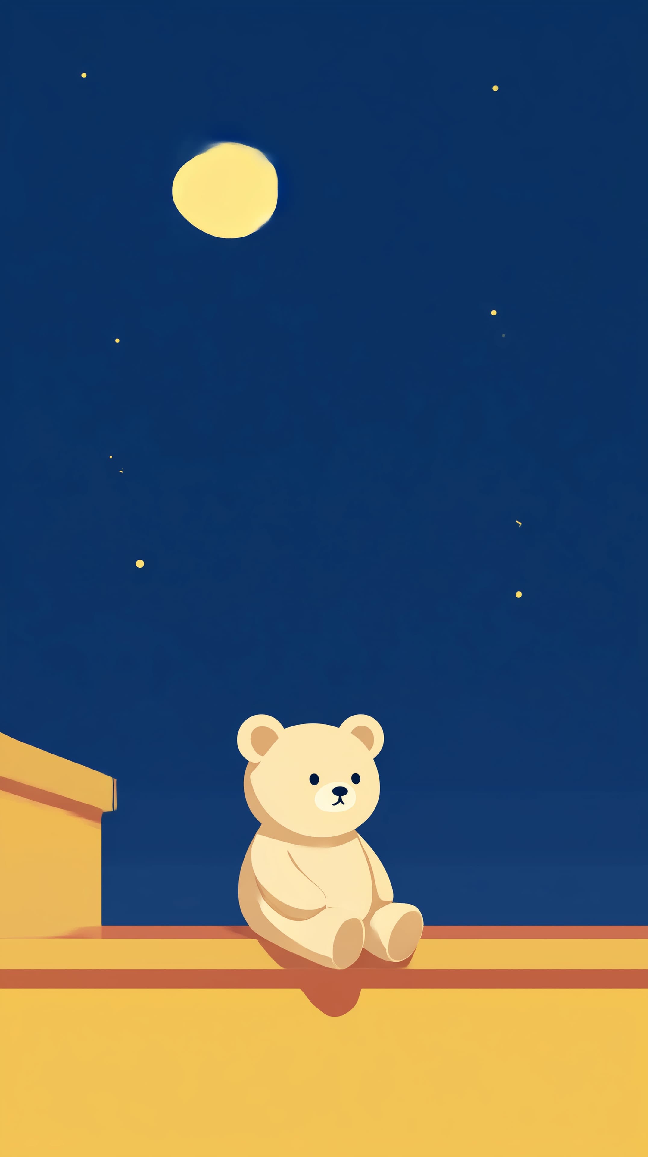 Cute Teddy Bear on Rooftop Under Night Sky – Calm Illustration - High Resolution cartoon Wallpaper for Mobile and Desktop