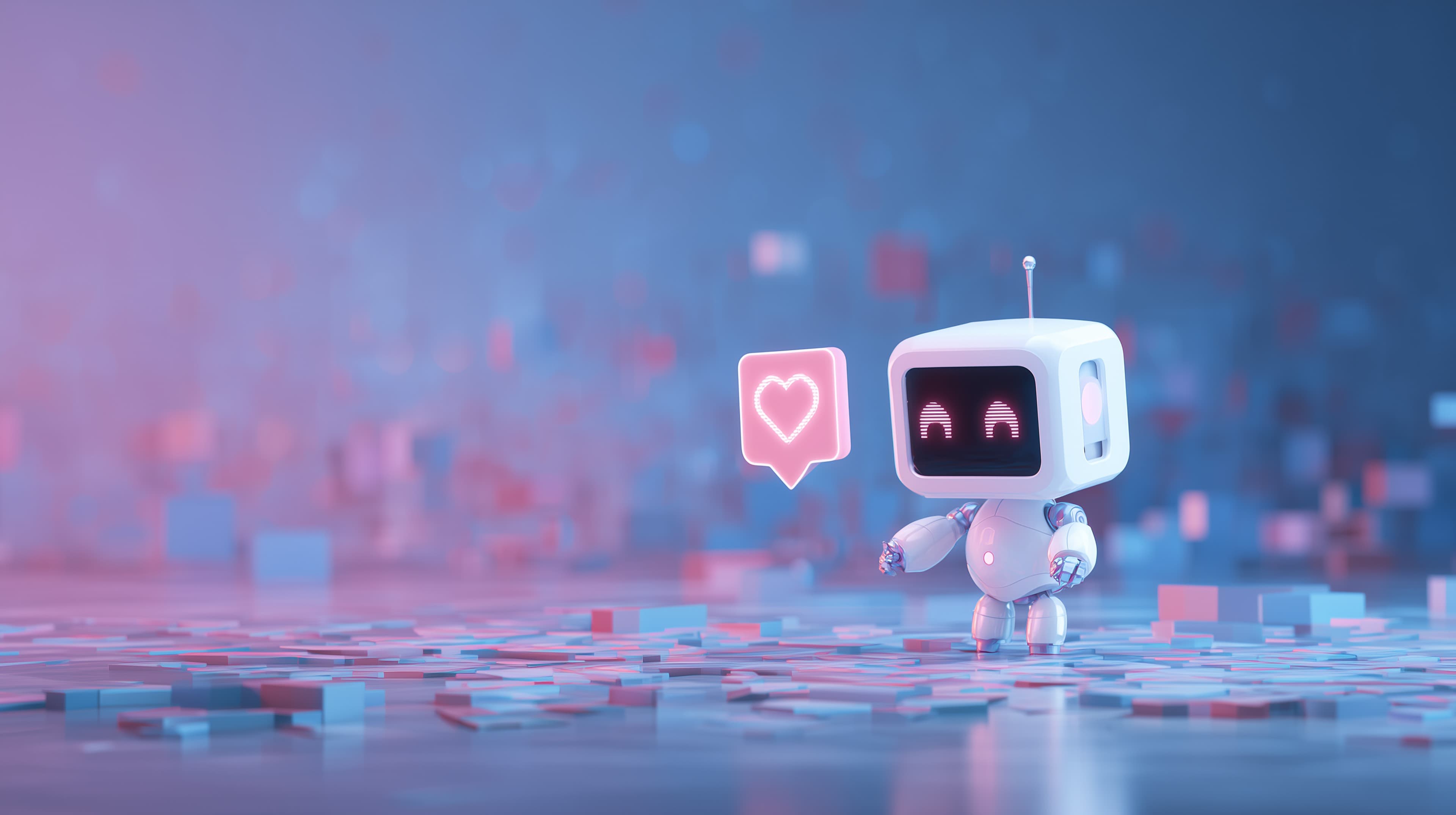Neon Grid Robot with Heart Icon - Cute Retro Desktop Wallpaper - High Resolution 3d Wallpaper for Mobile and Desktop