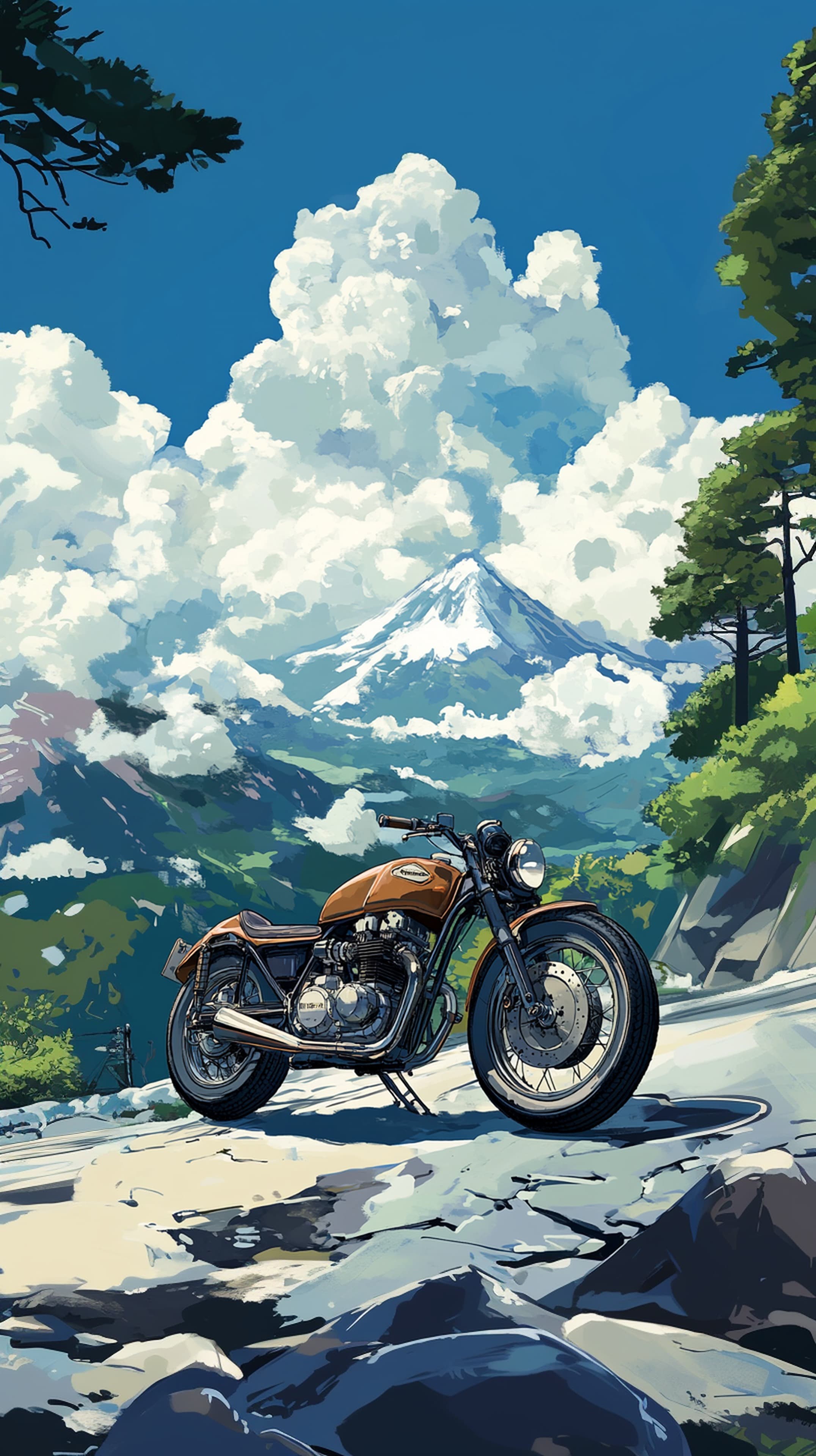 Epic Mountain Scene with Vintage Motorcycle Artwork - High Resolution motorcycle Wallpaper for Mobile and Desktop