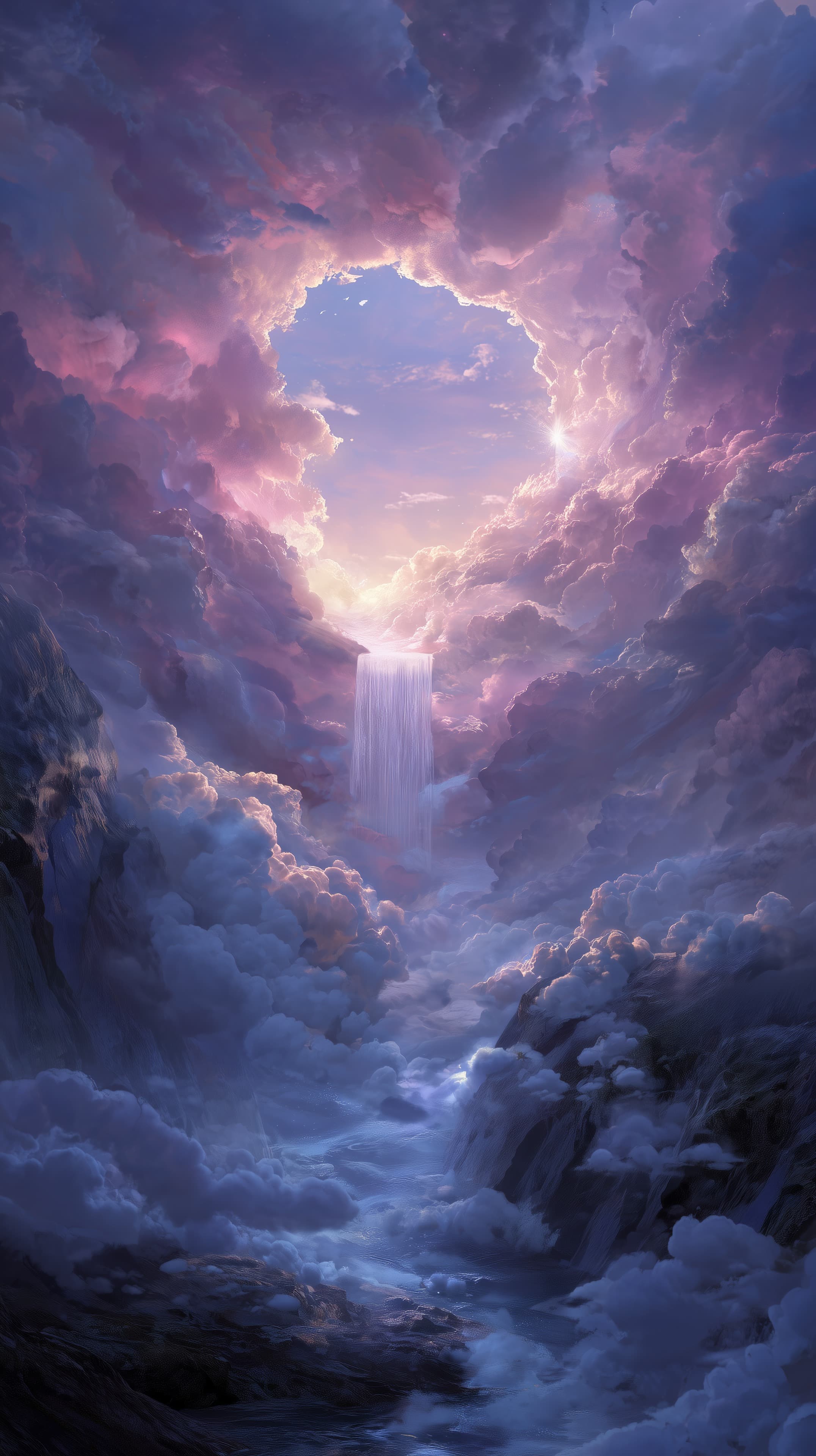 Dreamy Cloud Ring with Waterfall in Sunset Fantasy Landscape - High Resolution cloud-ring Wallpaper for Mobile and Desktop