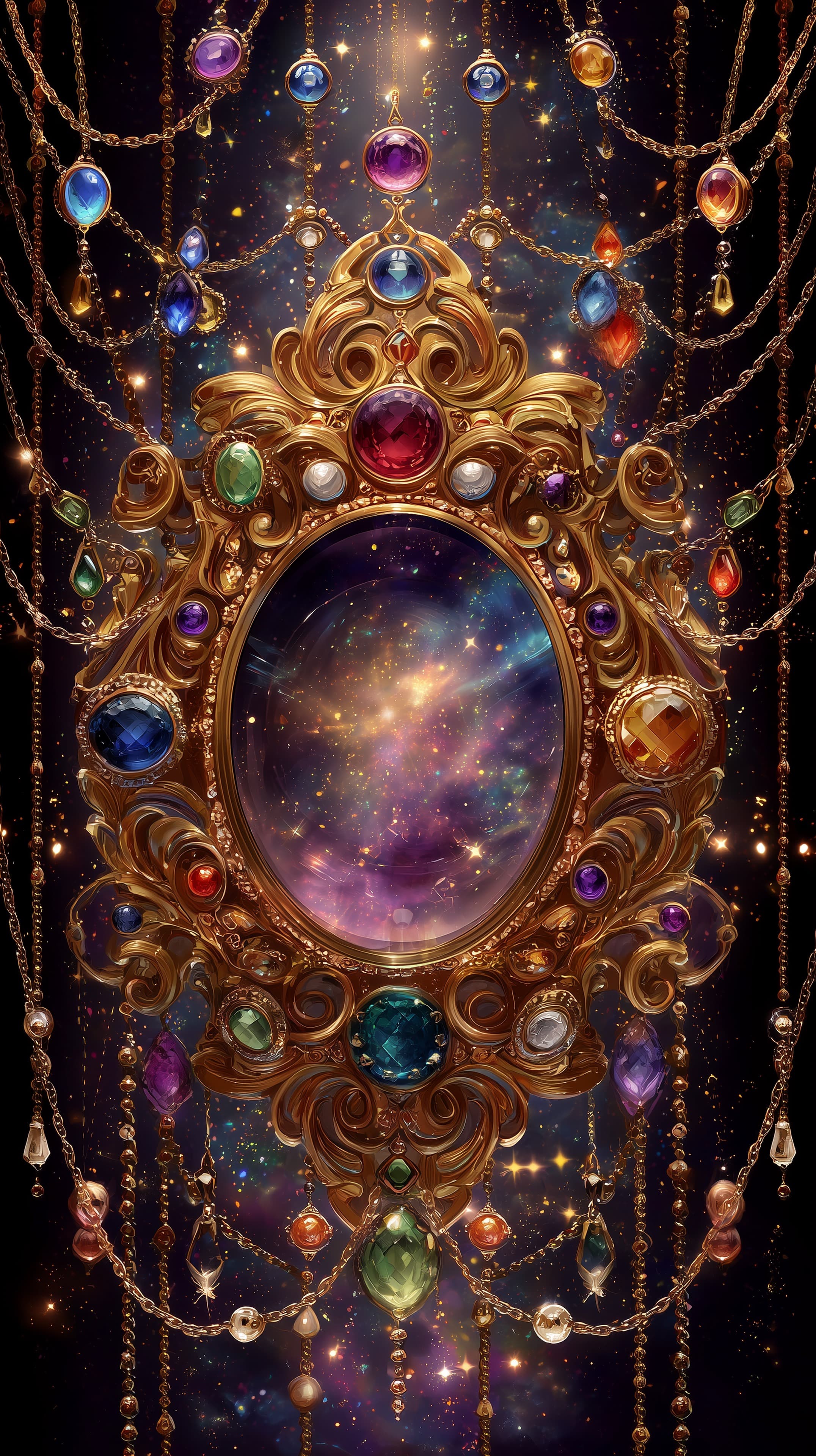 Opulent Galaxy Mirror with Gem-Encrusted Golden Frame - High Resolution cosmic-galaxy Wallpaper for Mobile and Desktop
