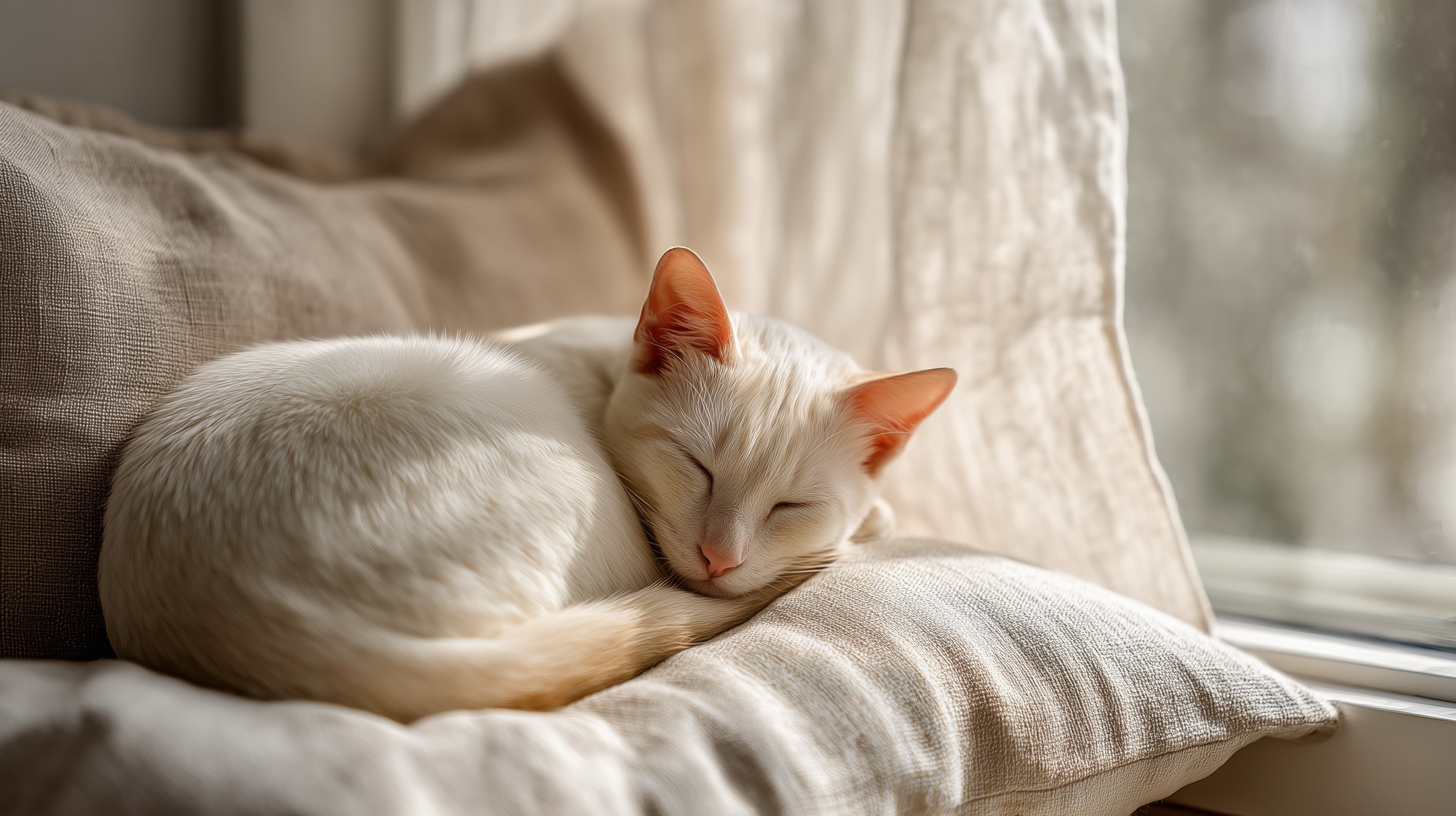 Cozy White Cat Sleeping on Sunlit Window Sill - Soft Wallpaper - High Resolution beige-cushion Wallpaper for Mobile and Desktop
