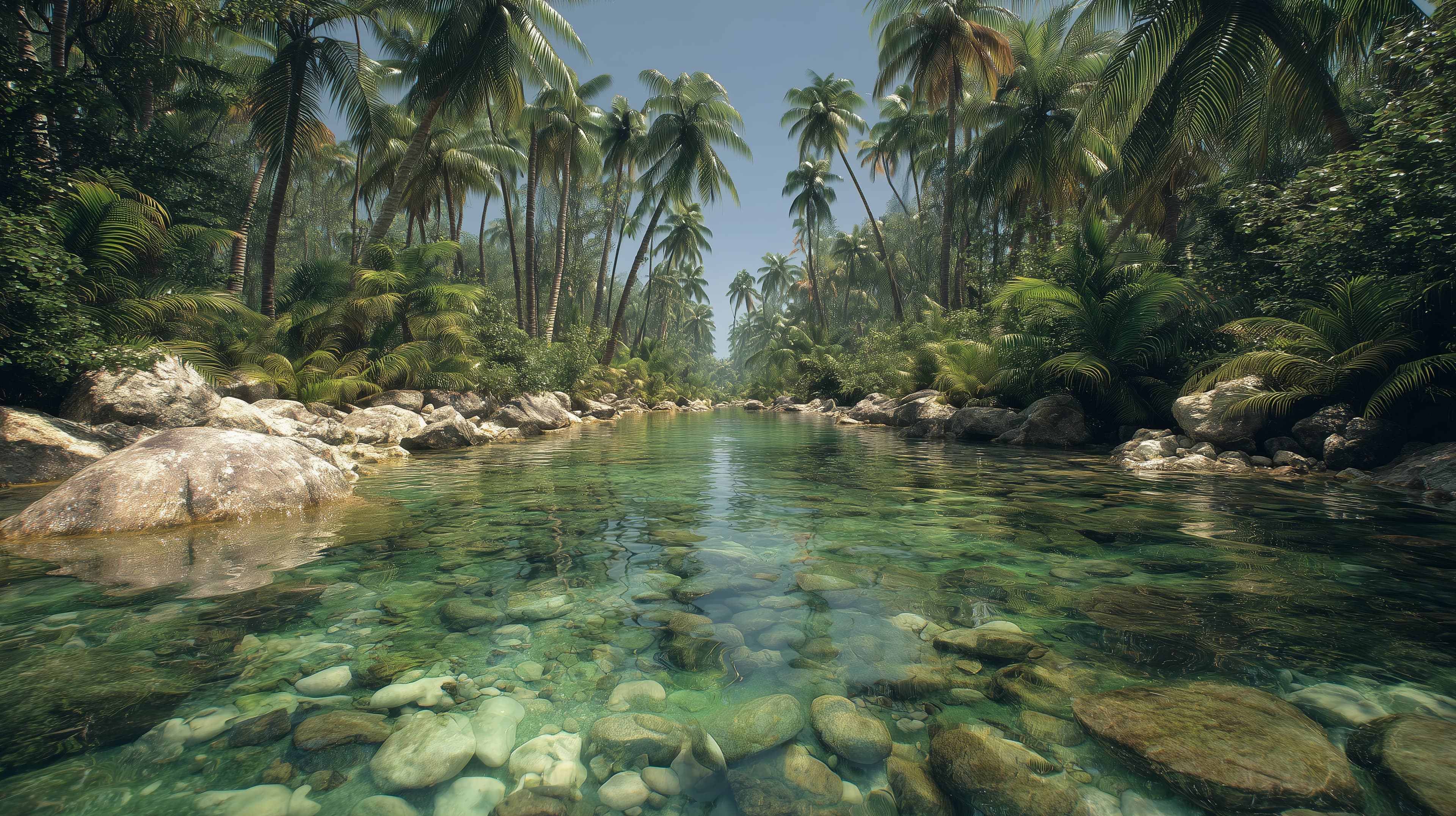 Tranquil Tropical River in a Lush Palm Forest Oasis - High Resolution clear-water Wallpaper for Mobile and Desktop