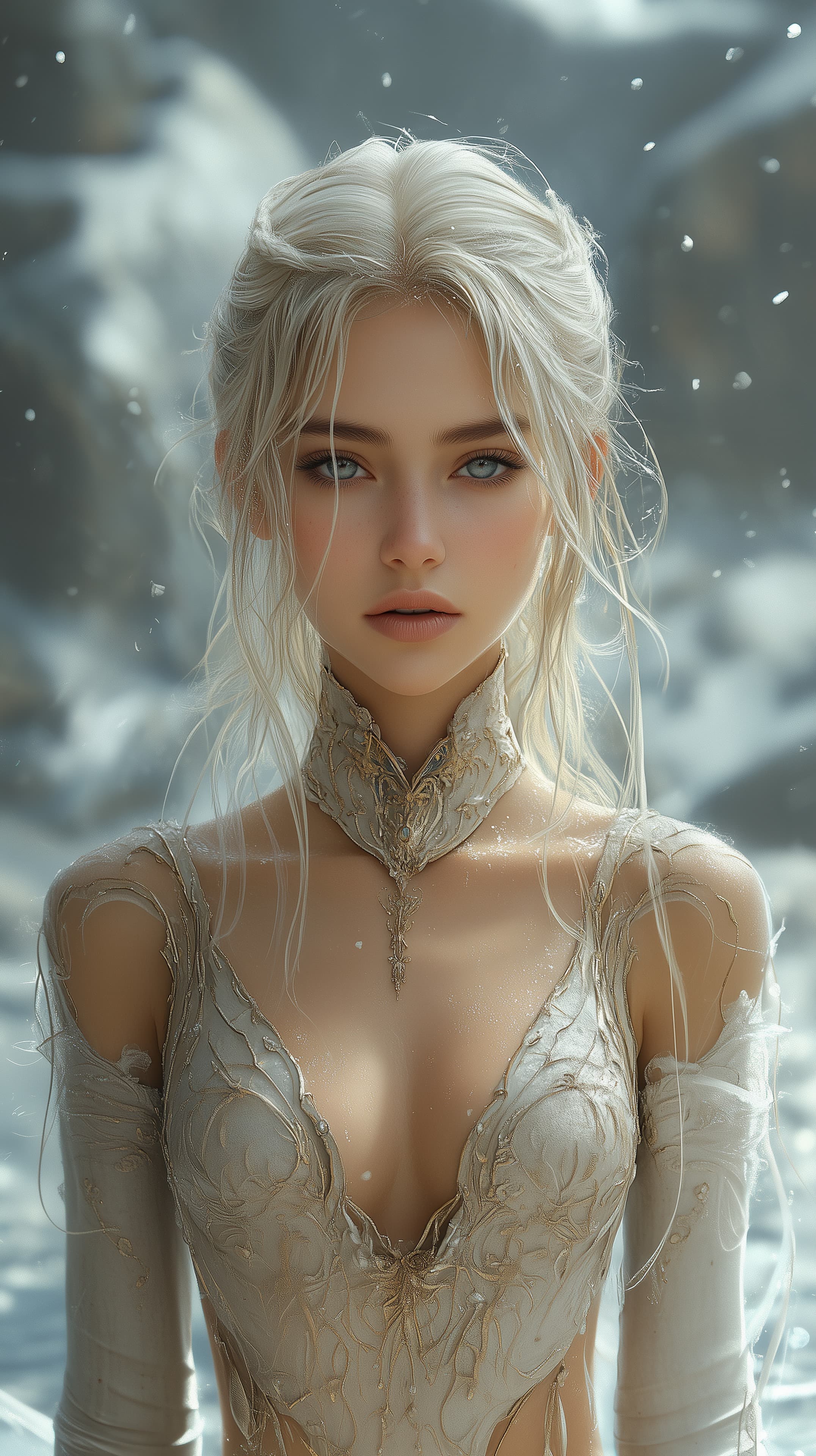 Ethereal Winter Fantasy Portrait in Elegant Lace Dress - High Resolution blue-eyes Wallpaper for Mobile and Desktop