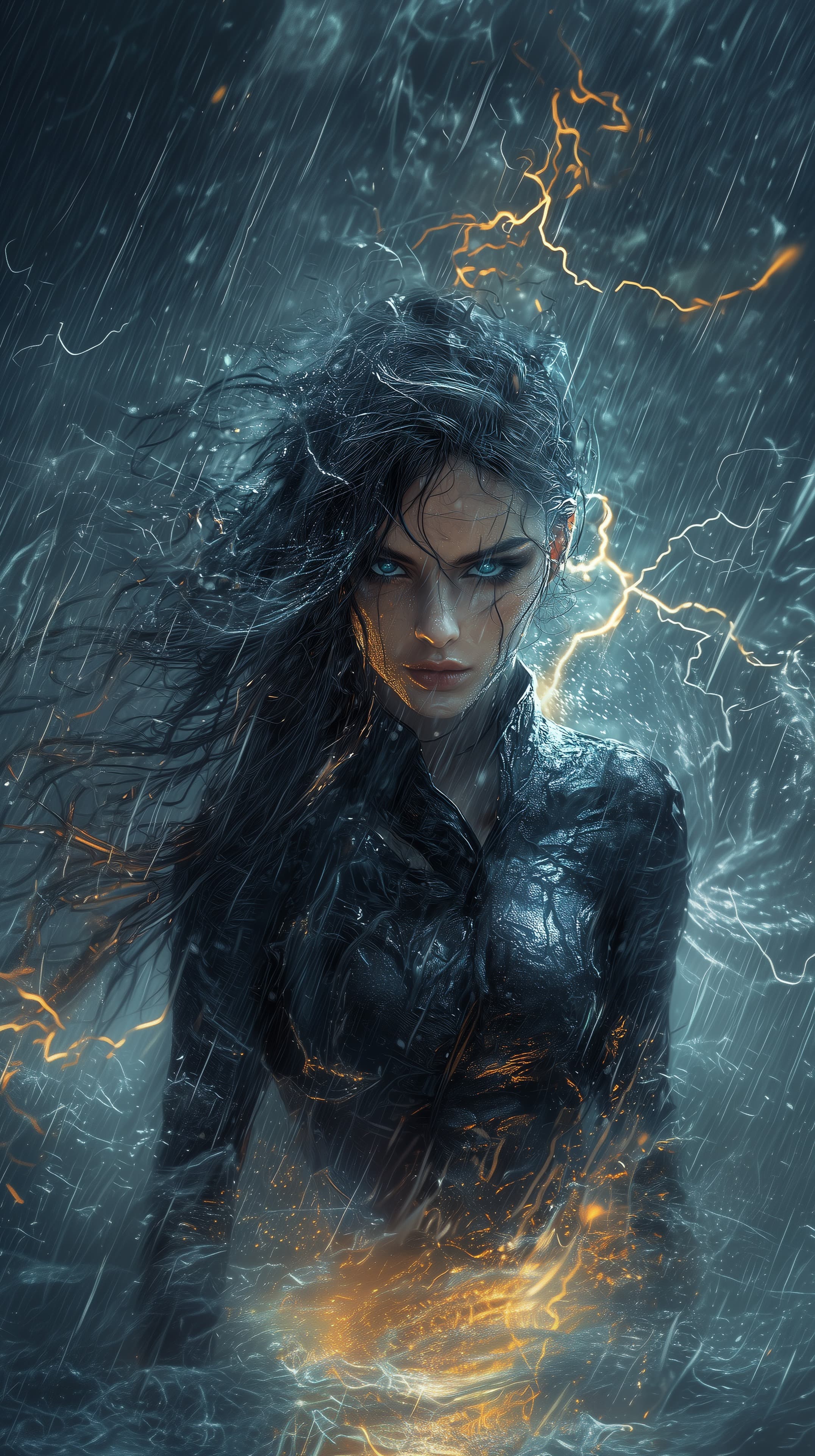 Electric Storm Warrior: Neon Lightning Portrait in Rain - High Resolution blue-eyes Wallpaper for Mobile and Desktop