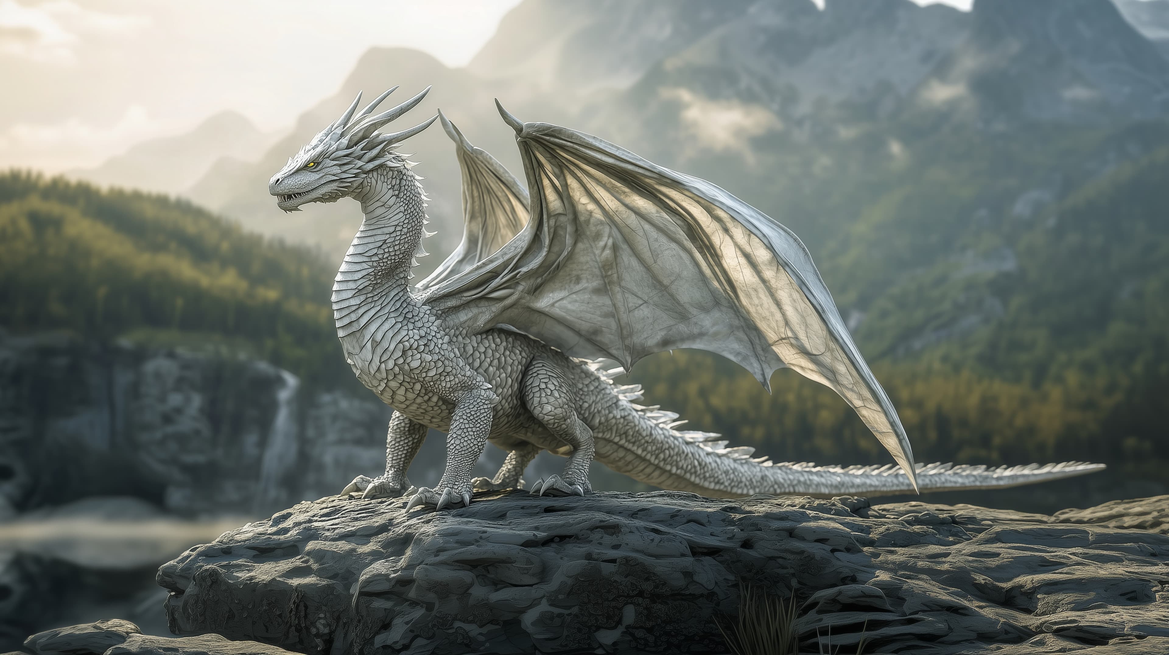 Mystic dragon perched on a jagged cliff at dawn — fantasy wallpaper - High Resolution cinematic-lighting Wallpaper for Mobile and Desktop