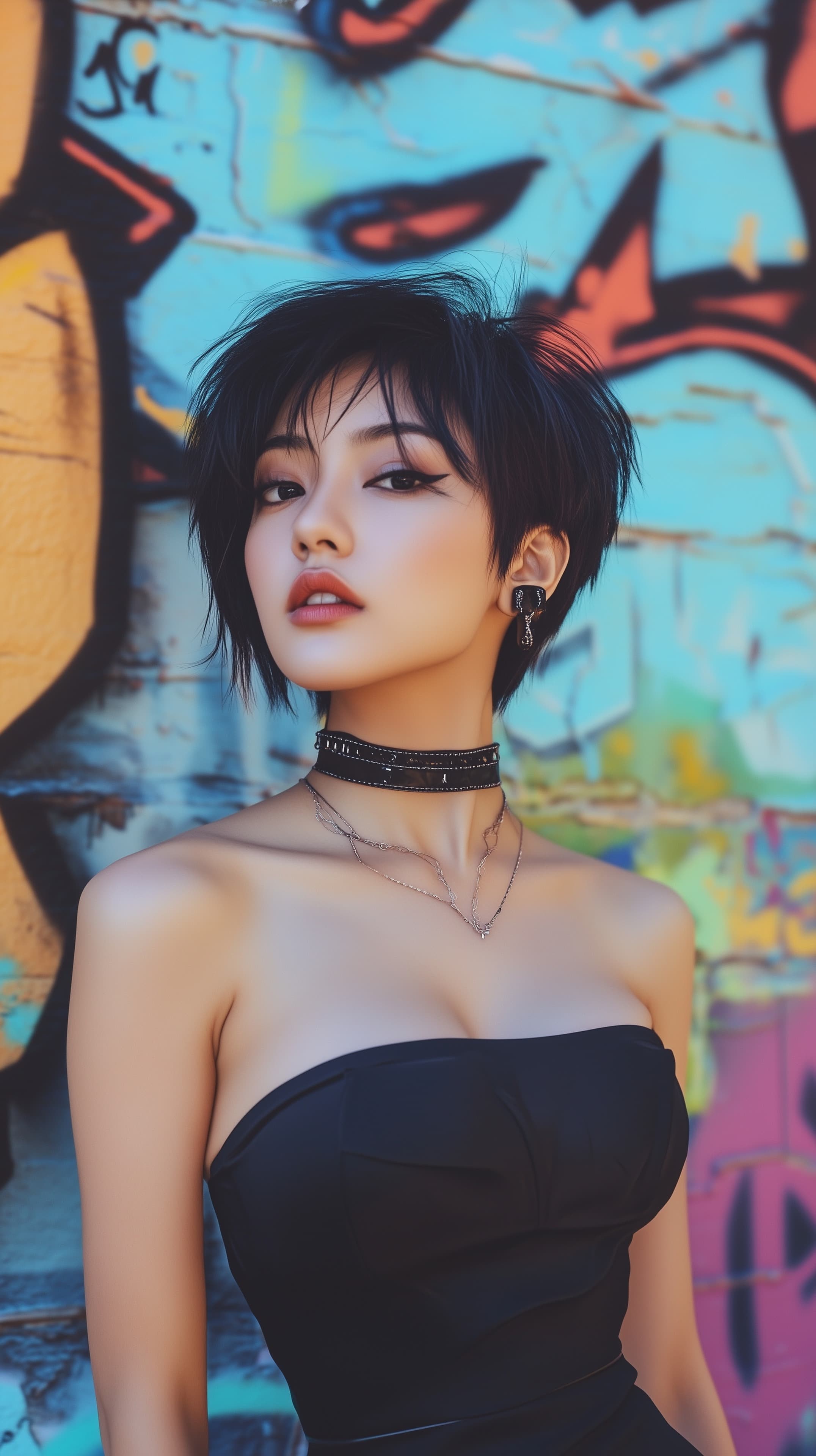 Urban Graffiti Glow: Modern Portrait Against Colorful Wall - High Resolution black-strapless-top Wallpaper for Mobile and Desktop