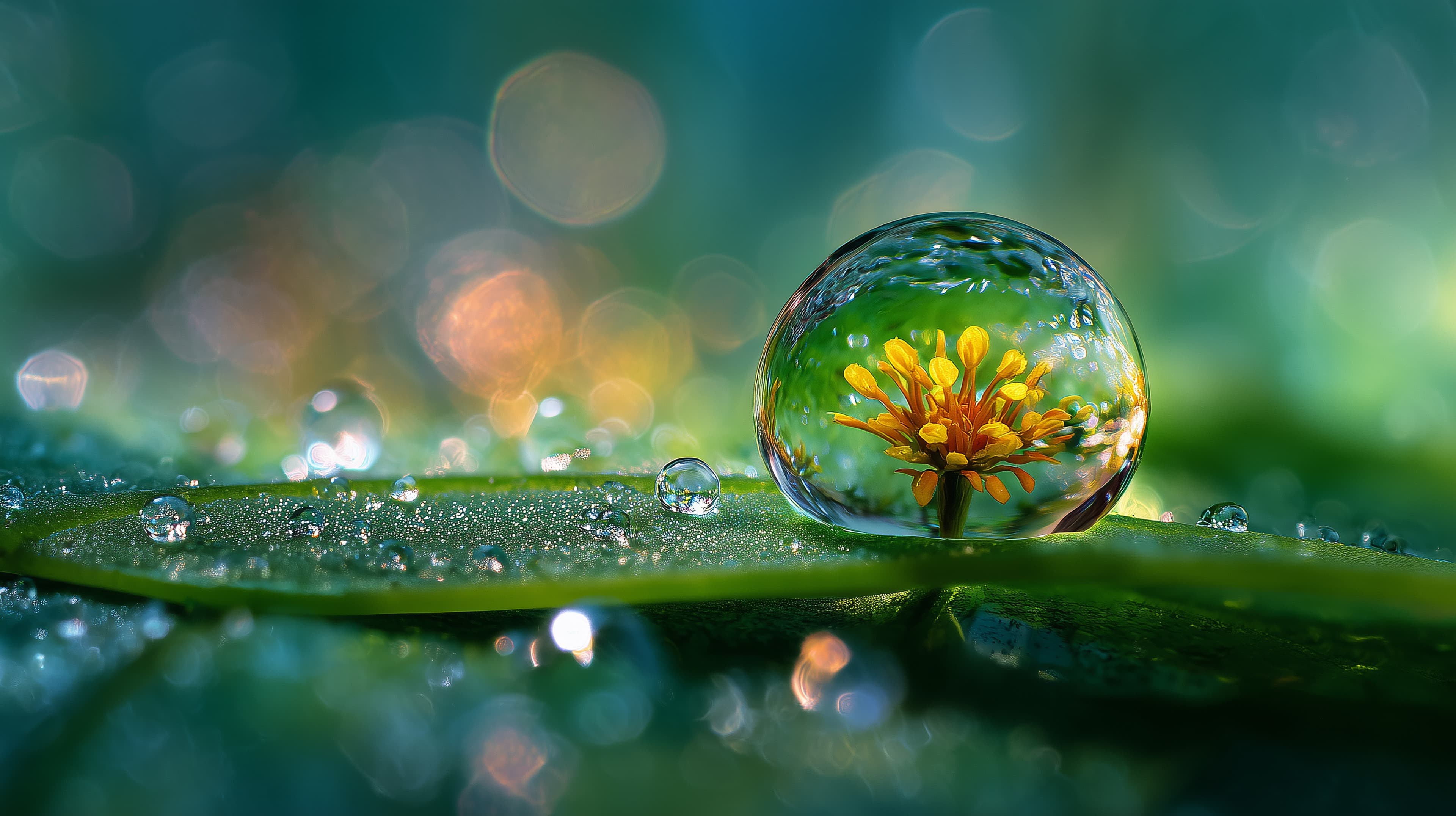Macro Glass Bubble Showing a Yellow Flower on a Green Leaf - High Resolution bokeh Wallpaper for Mobile and Desktop