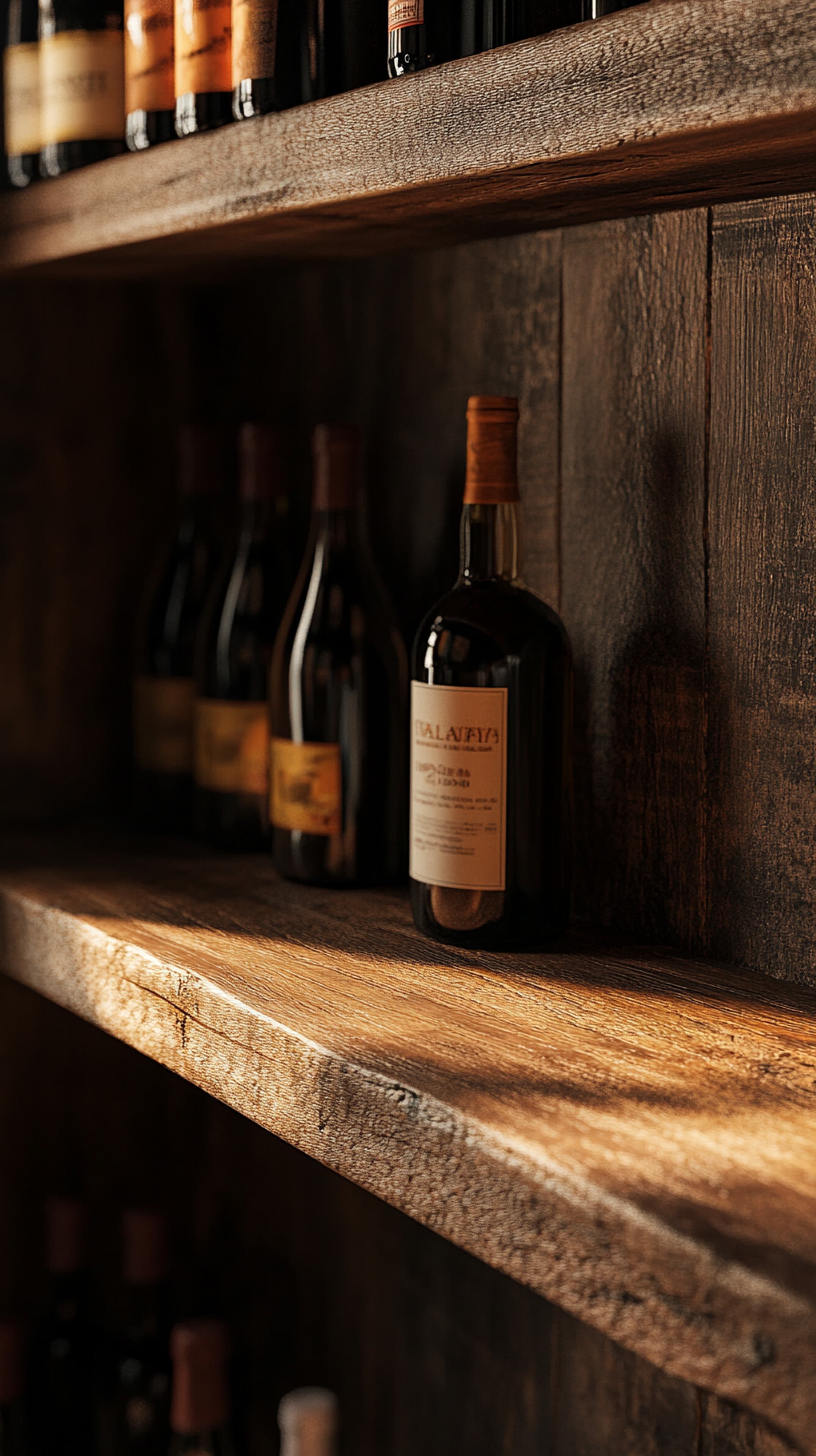 Rustic Wine Cellar Shelf with Warm Amber Lighting and Shadows - High Resolution wine-bottle Wallpaper for Mobile and Desktop