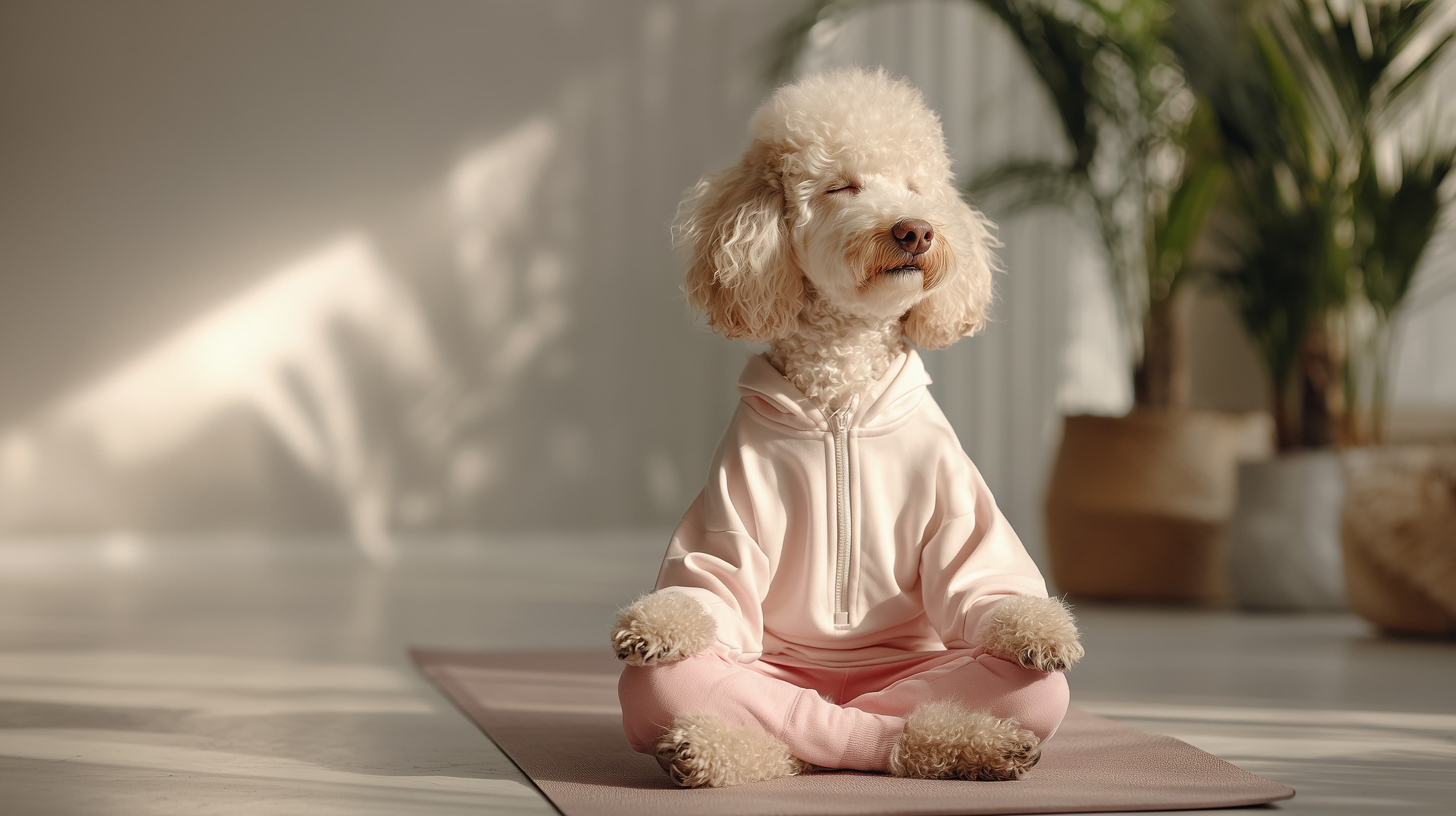 Adorable fluffy dog meditating on pink yoga mat in pastel scene - High Resolution fluffy-dog Wallpaper for Mobile and Desktop