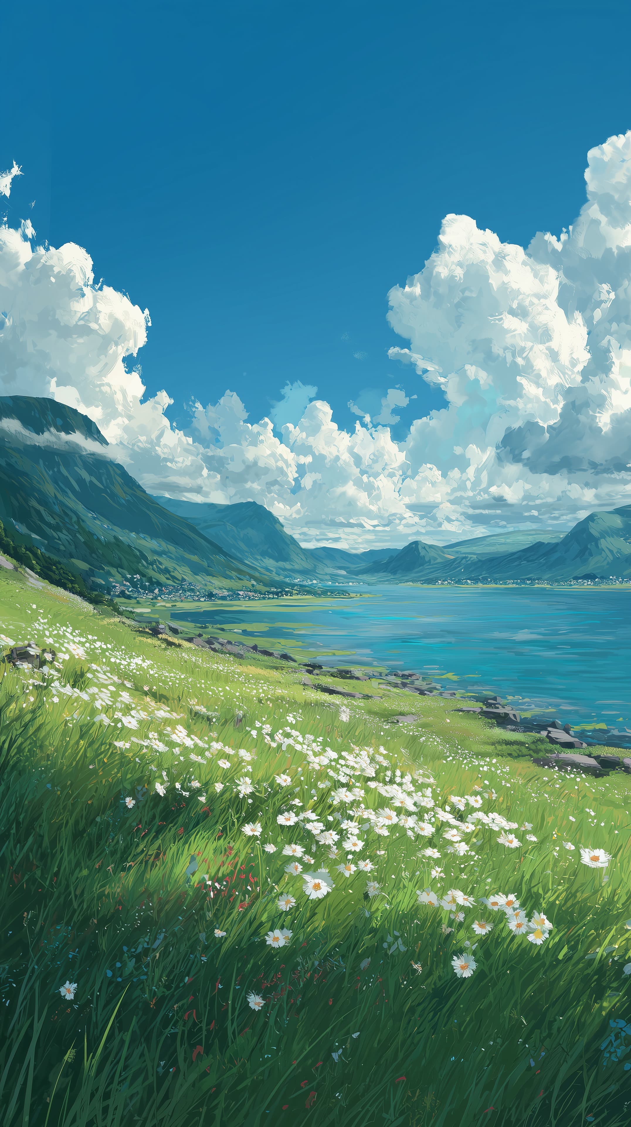 Alpine Meadow by a Lake — Serene Landscape Wallpaper - High Resolution blue-sky Wallpaper for Mobile and Desktop